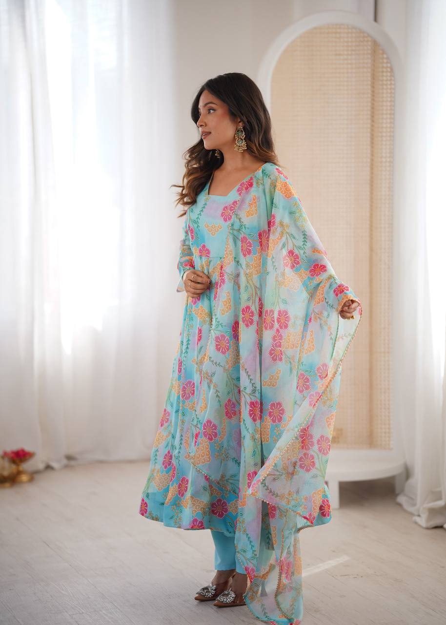 Sky Blue Sunkissed Floral Print Organza Gown with Dupatta and Pant