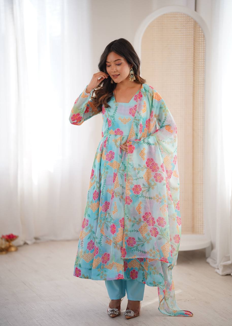 Sky Blue Sunkissed Floral Print Organza Gown with Dupatta and Pant