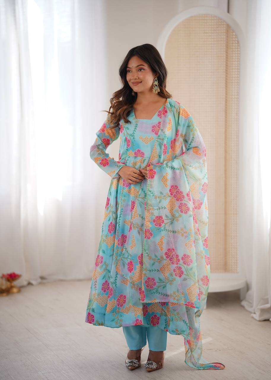 Sky Blue Sunkissed Floral Print Organza Gown with Dupatta and Pant