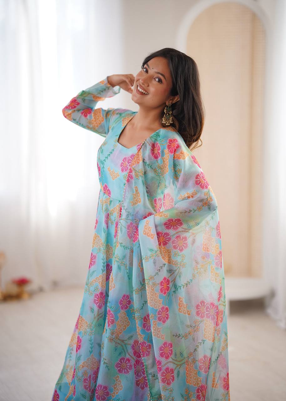 Sky Blue Sunkissed Floral Print Organza Gown with Dupatta and Pant