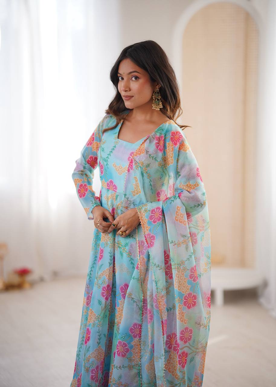 Sky Blue Sunkissed Floral Print Organza Gown with Dupatta and Pant