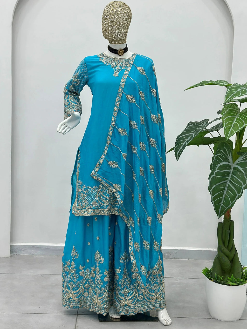 Sky Blue Precious Zari Embroidered Chinon Festive Wear Palazzo Suit