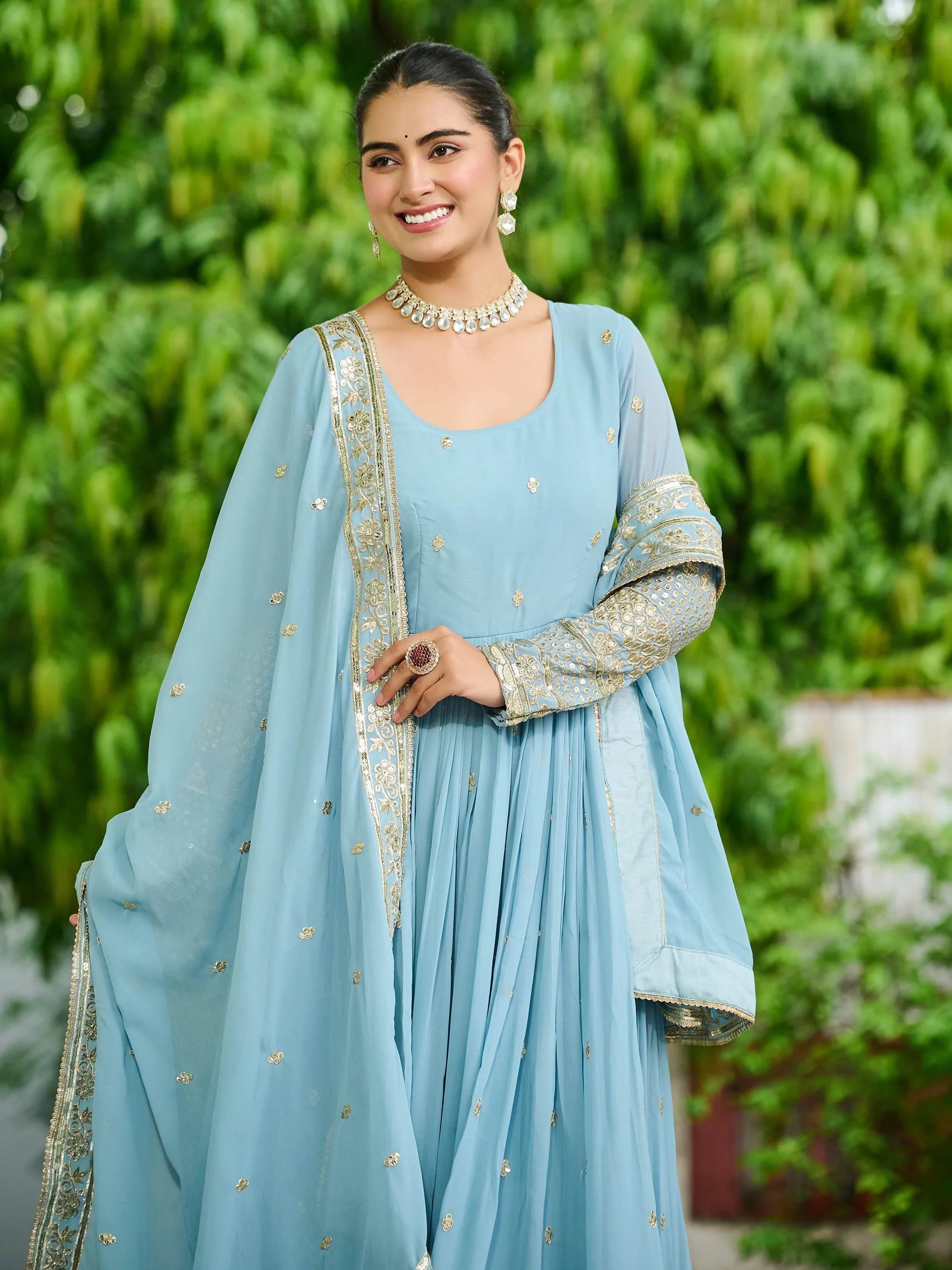 Sky Blue Beautiful Georgette Embroidered Wedding Wear Gown With Dupatta