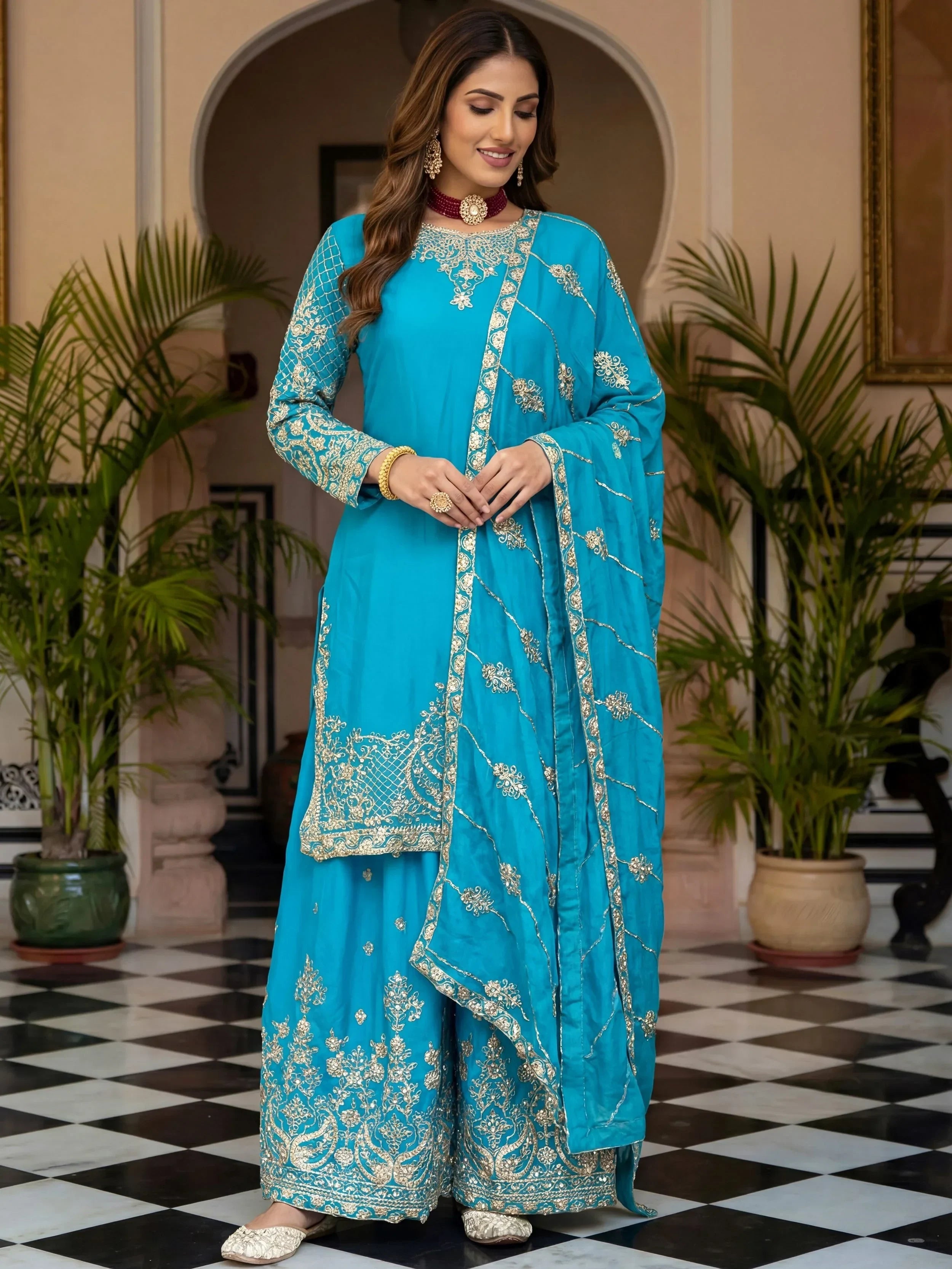 Sky Blue Precious Zari Embroidered Chinon Festive Wear Palazzo Suit