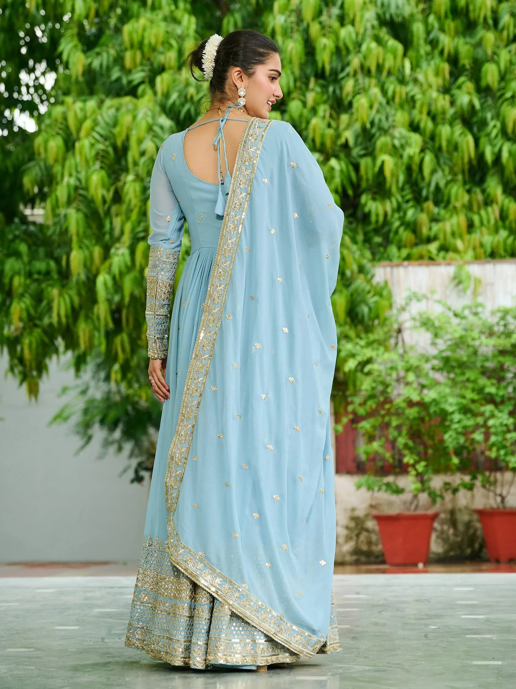 Sky Blue Beautiful Georgette Embroidered Wedding Wear Gown With Dupatta