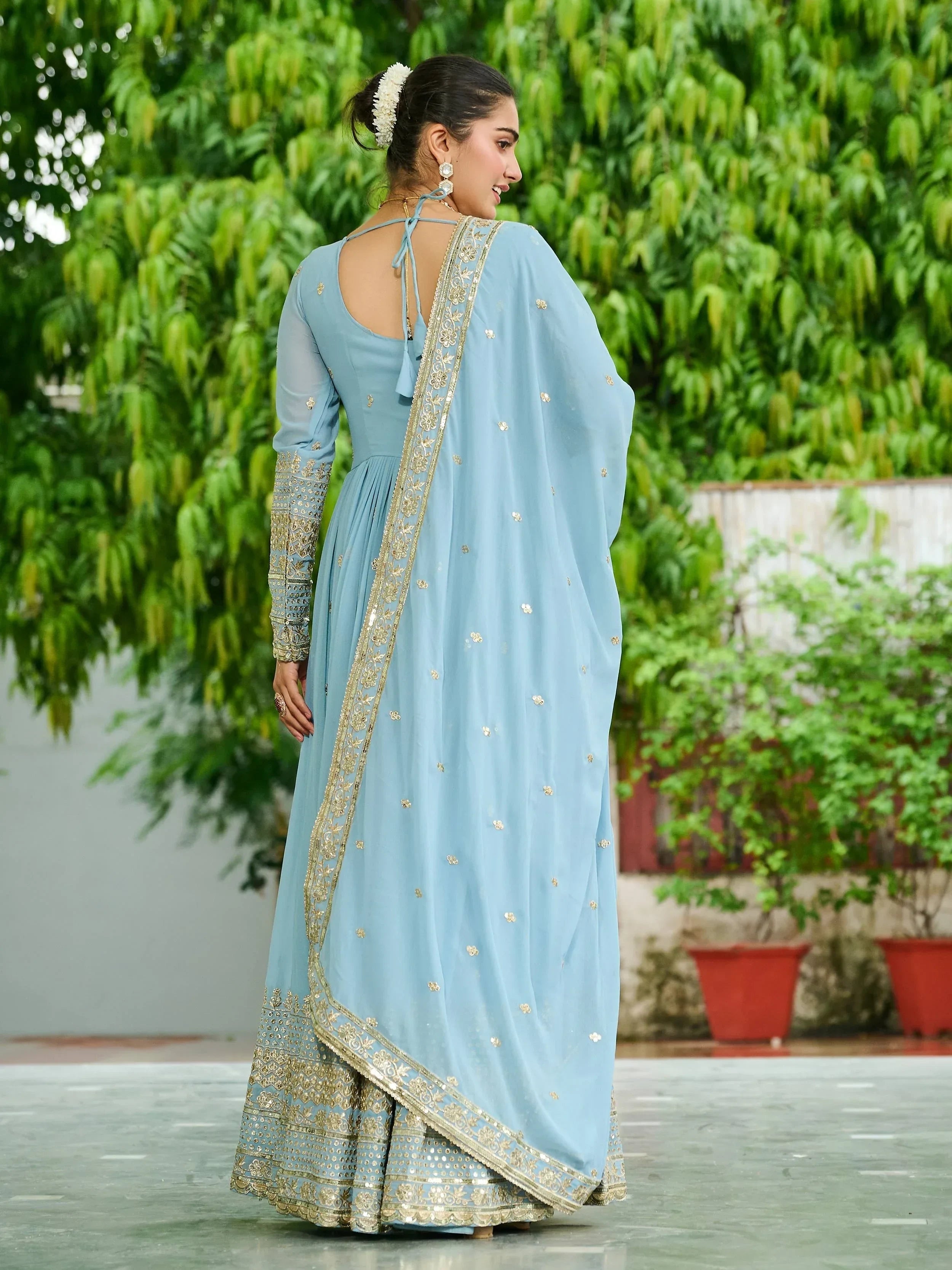 Sky Blue Beautiful Georgette Embroidered Wedding Wear Gown With Dupatta