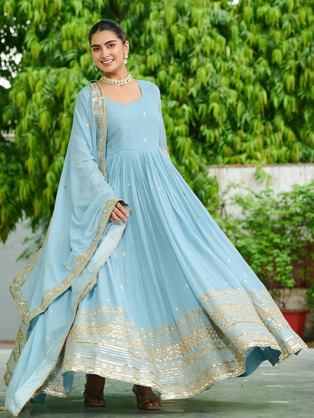Sky Blue Beautiful Georgette Embroidered Wedding Wear Gown With Dupatta