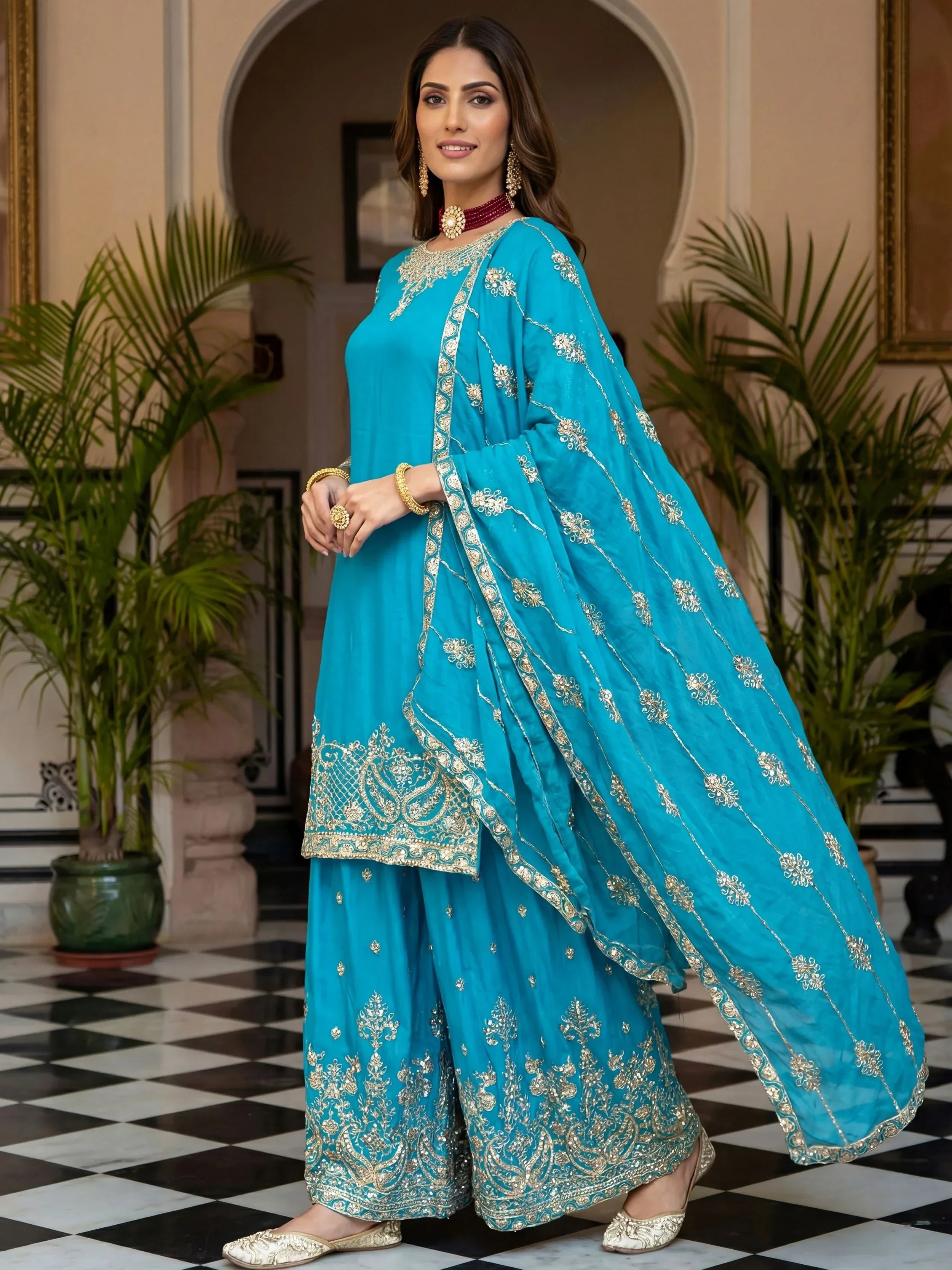 Sky Blue Precious Zari Embroidered Chinon Festive Wear Palazzo Suit