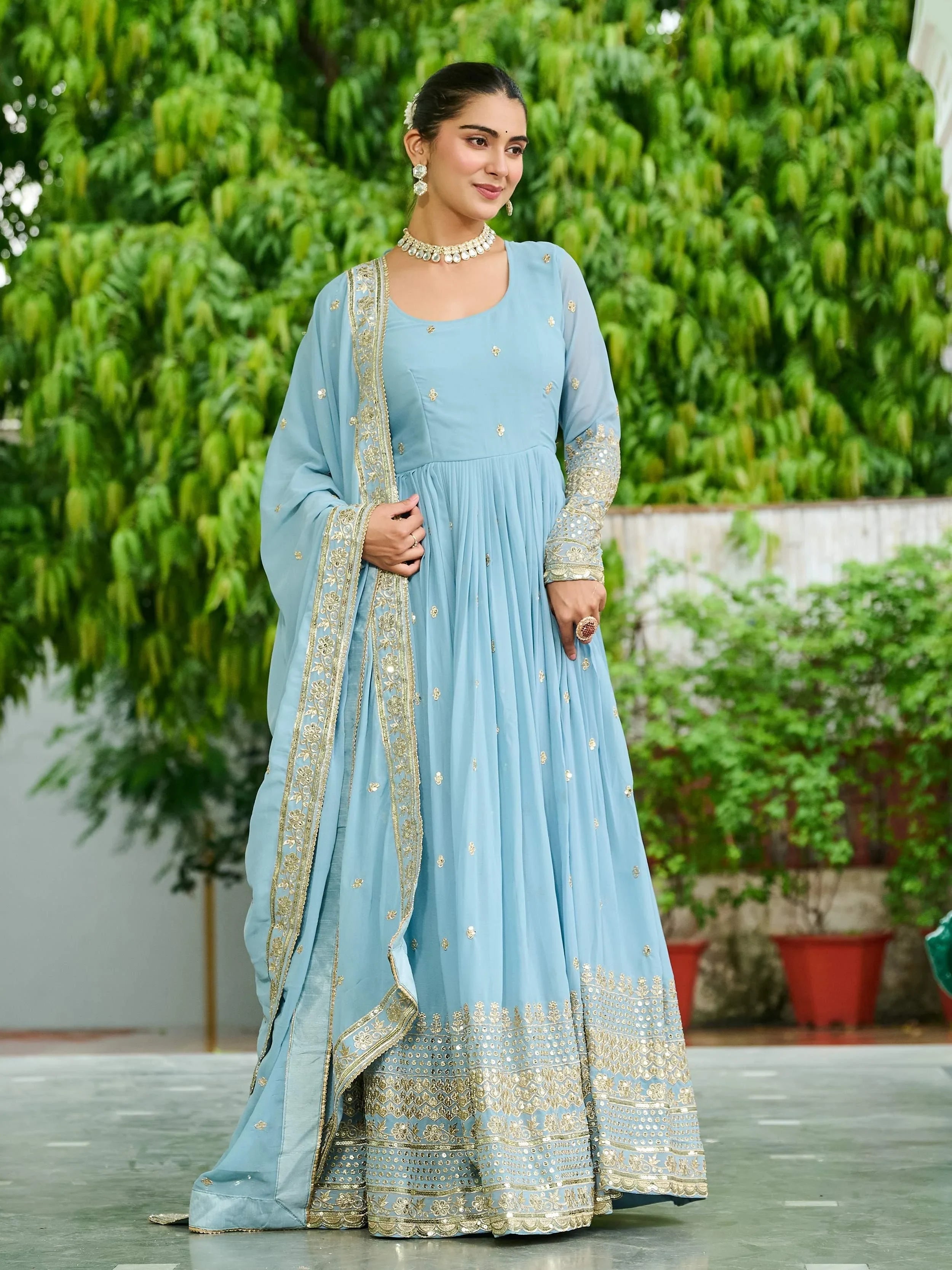 Sky Blue Beautiful Georgette Embroidered Wedding Wear Gown With Dupatta