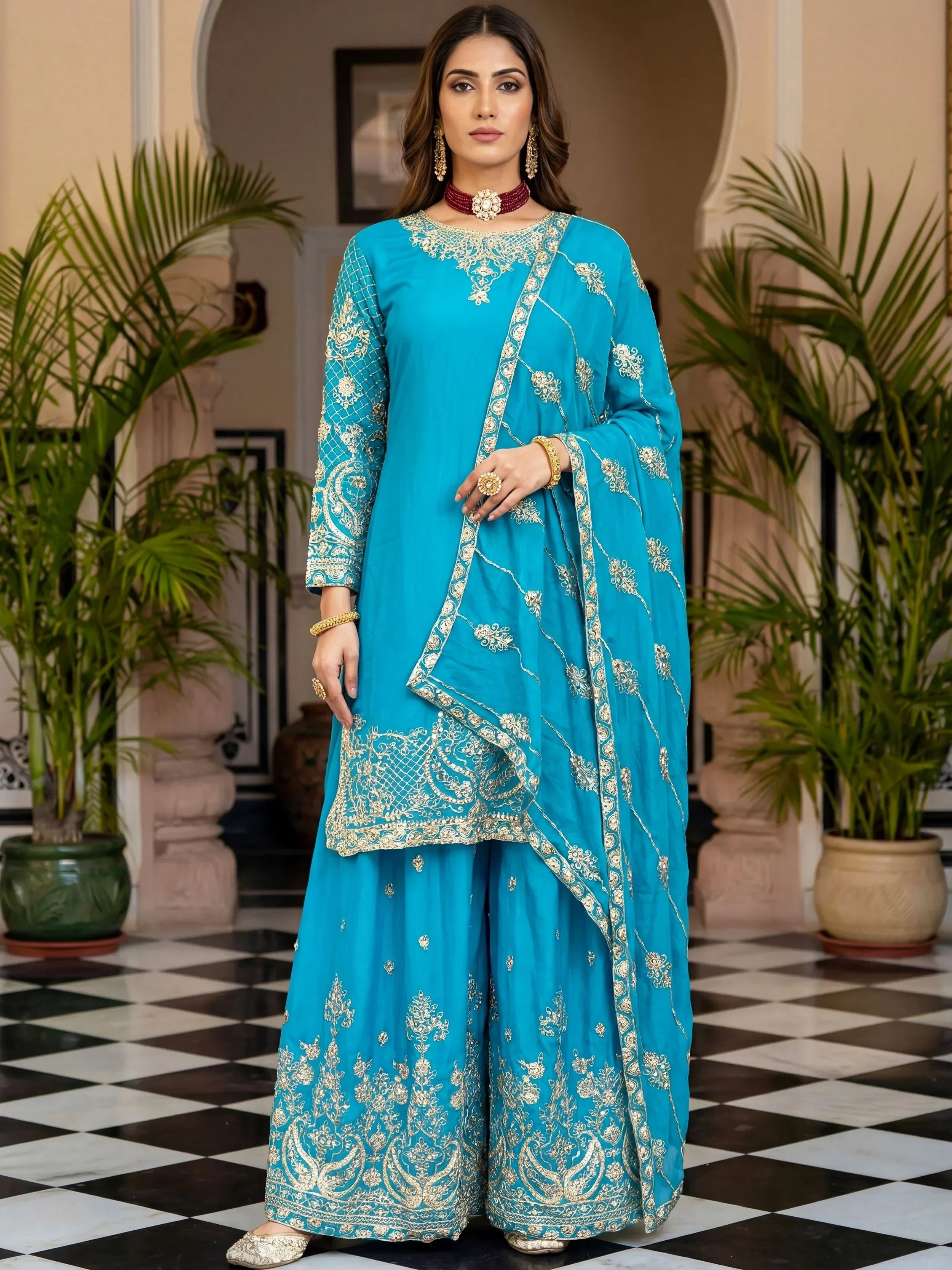 Sky Blue Precious Zari Embroidered Chinon Festive Wear Palazzo Suit