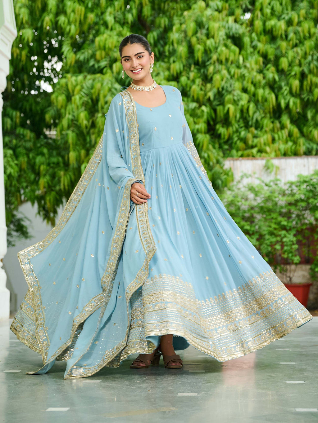 Sky Blue Beautiful Georgette Embroidered Wedding Wear Gown With Dupatta