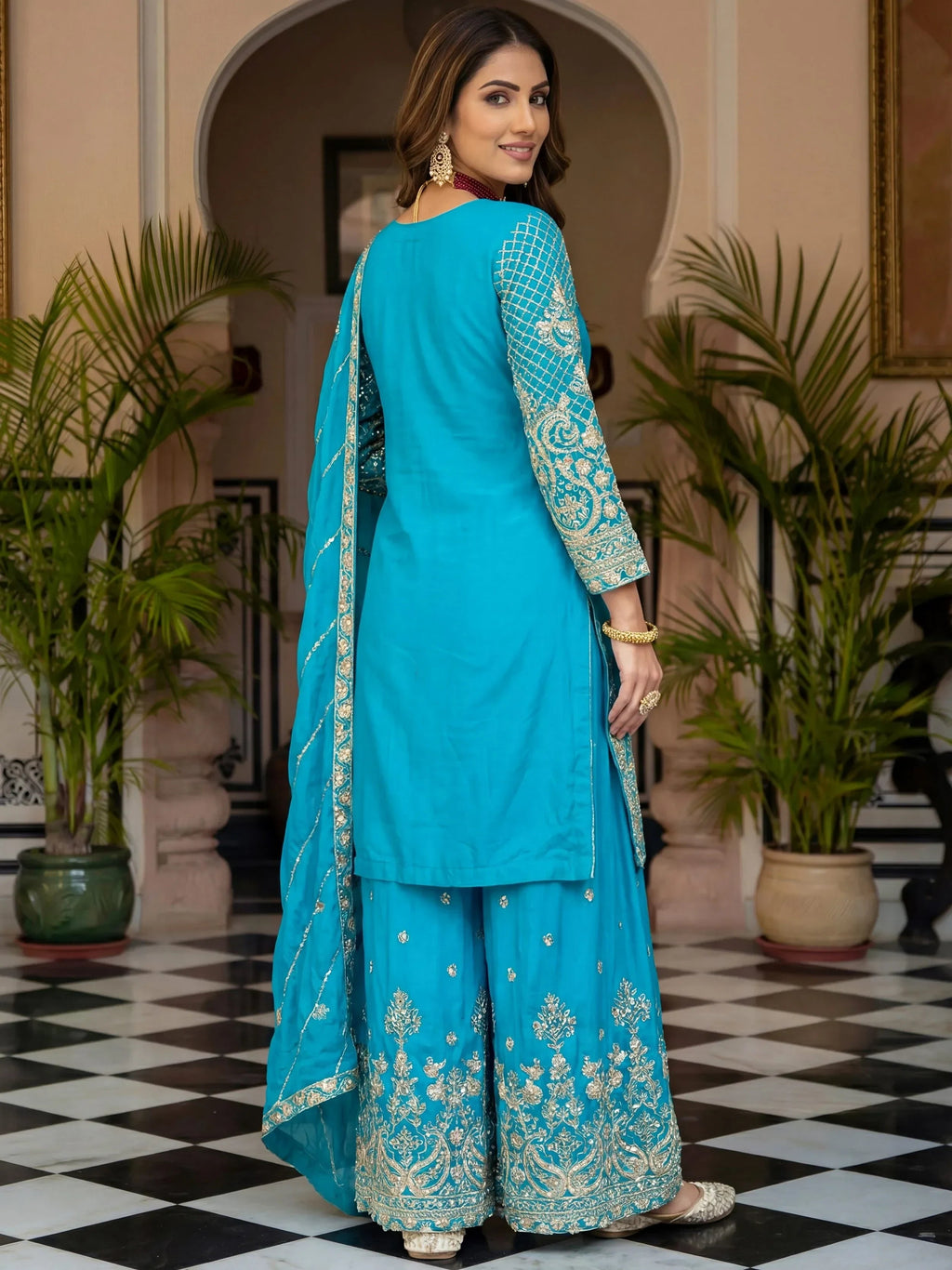 Sky Blue Precious Zari Embroidered Chinon Festive Wear Palazzo Suit