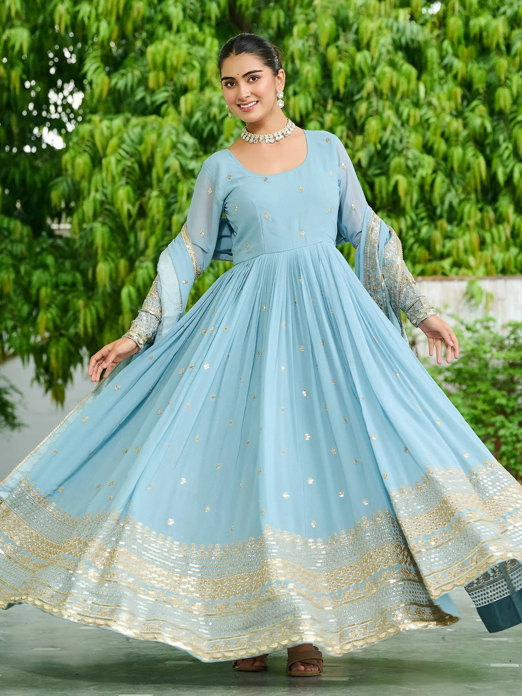 Sky Blue Beautiful Georgette Embroidered Wedding Wear Gown With Dupatta