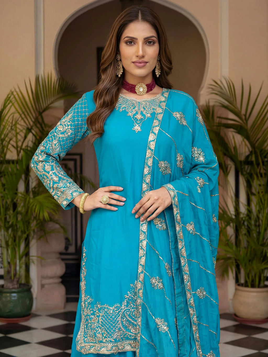 Sky Blue Precious Zari Embroidered Chinon Festive Wear Palazzo Suit