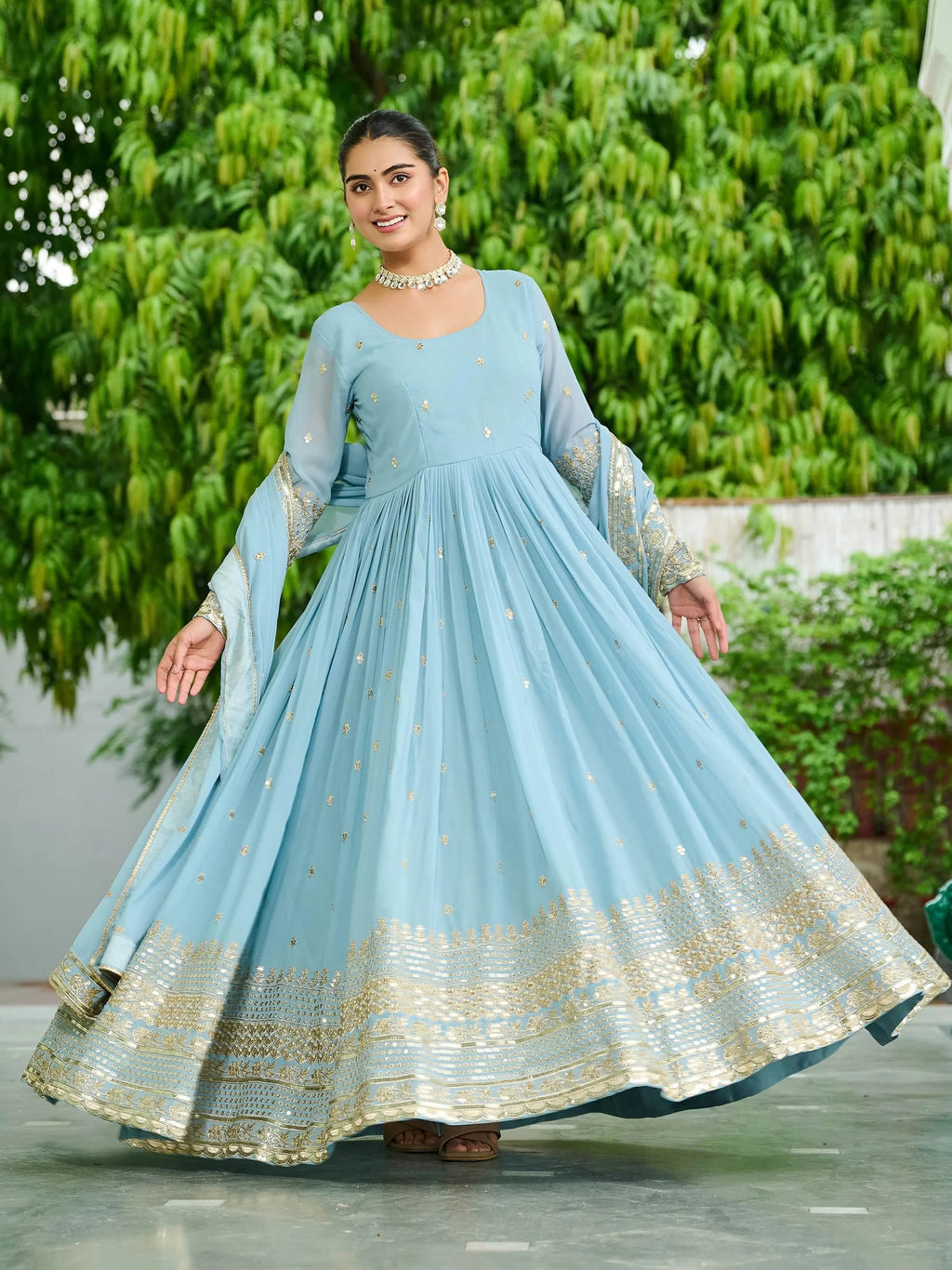 Sky Blue Beautiful Georgette Embroidered Wedding Wear Gown With Dupatta