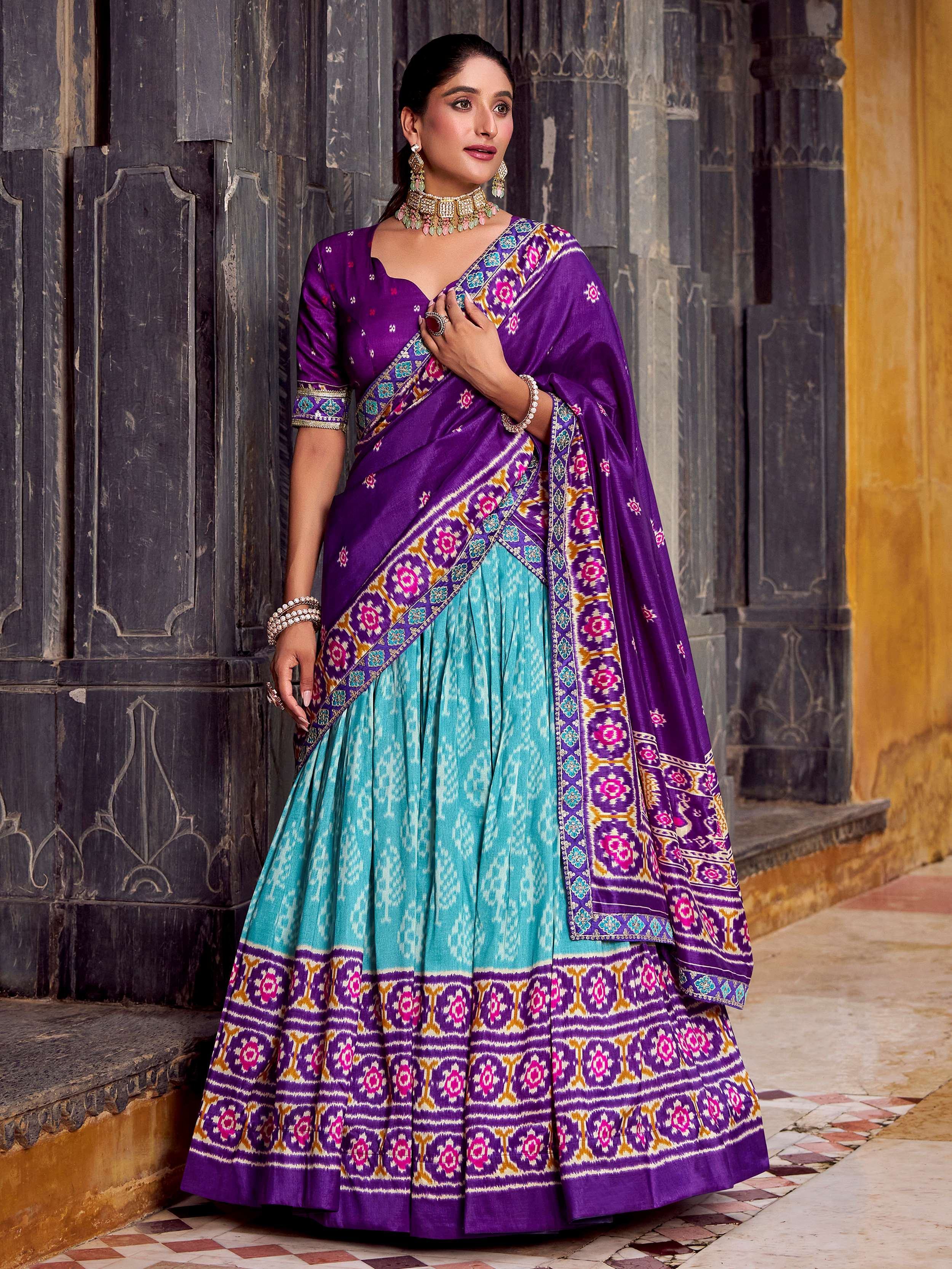 Sky Blue Beautiful Light Silk Ikkat Printed Lehenga Choli With Dupatta
