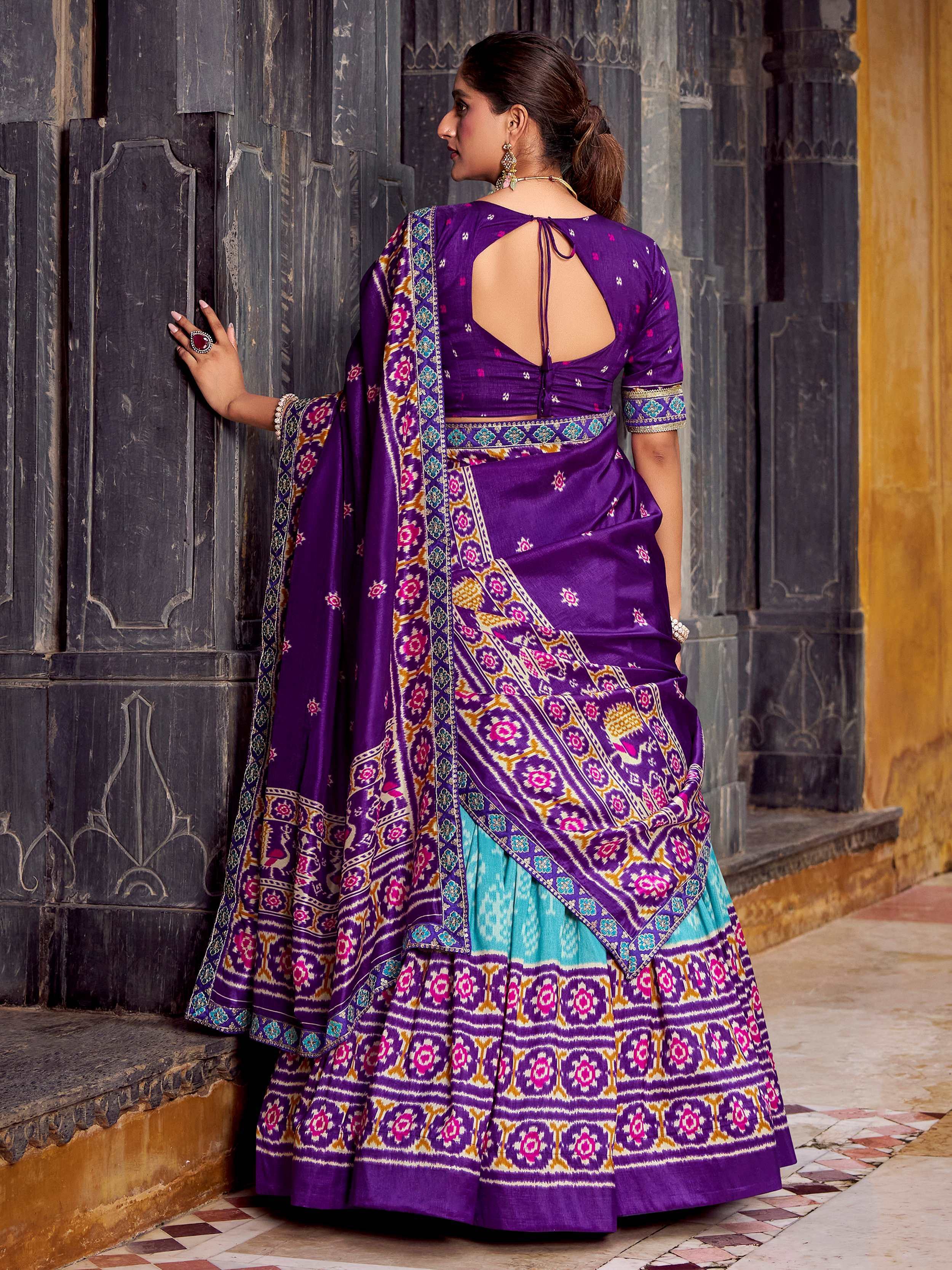 Sky Blue Beautiful Light Silk Ikkat Printed Lehenga Choli With Dupatta