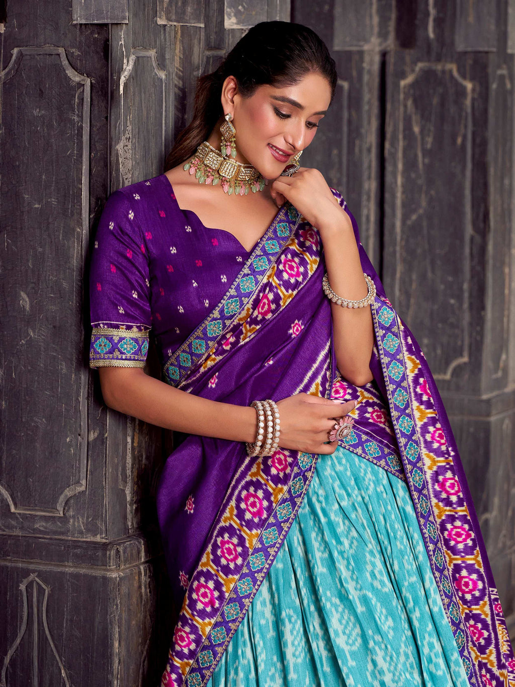 Sky Blue Beautiful Light Silk Ikkat Printed Lehenga Choli With Dupatta