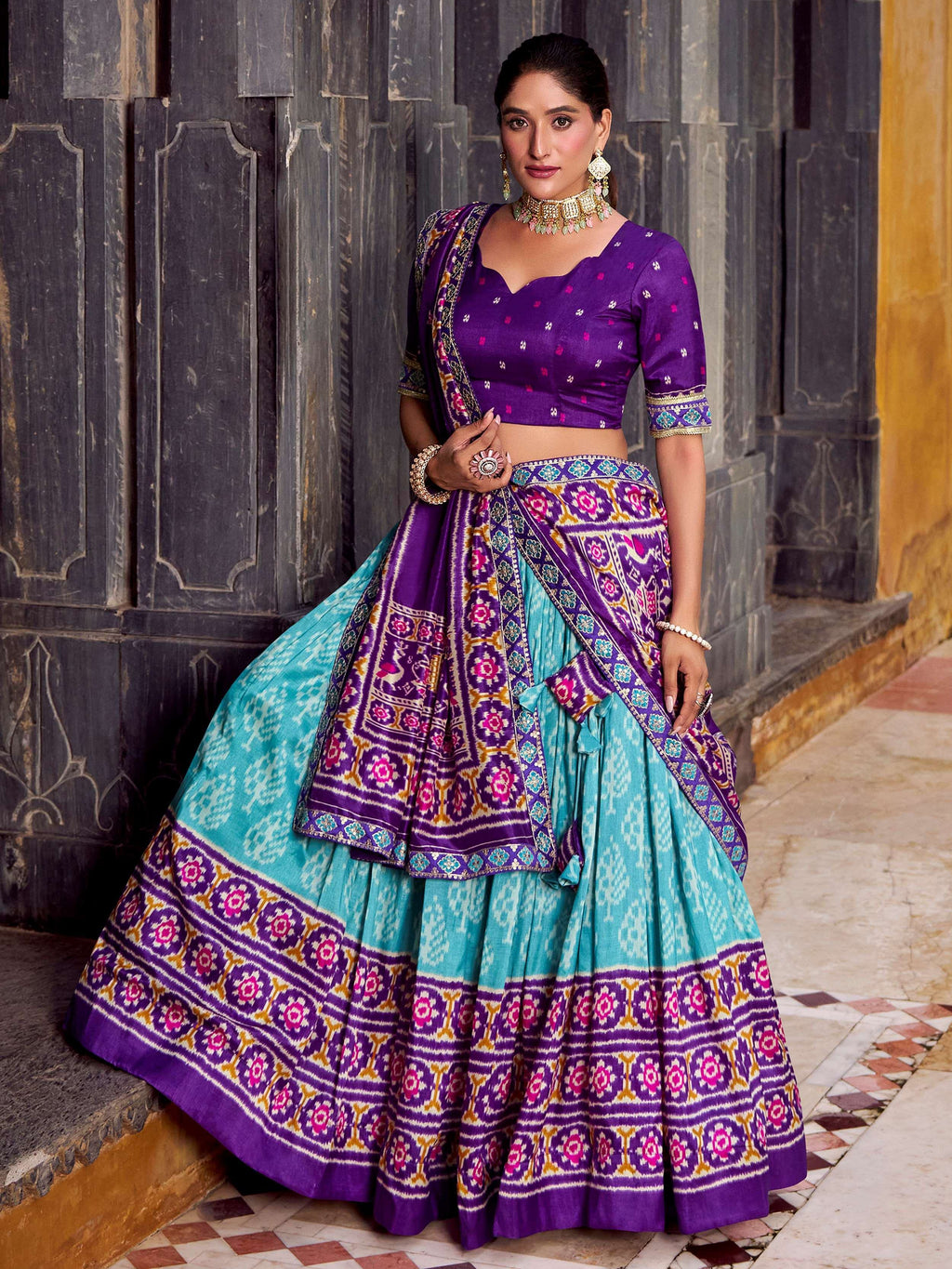 Sky Blue Beautiful Light Silk Ikkat Printed Lehenga Choli With Dupatta