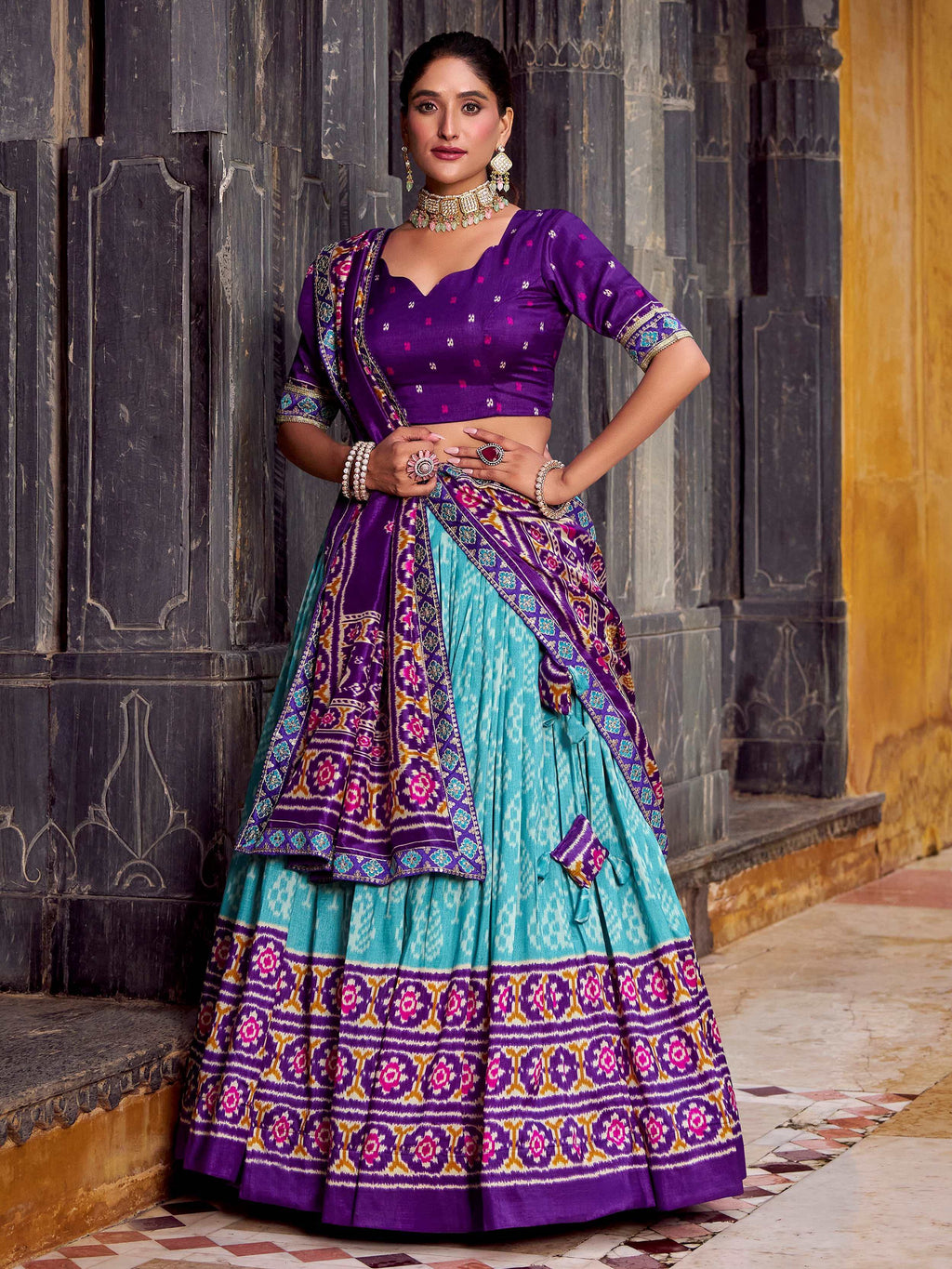 Sky Blue Beautiful Light Silk Ikkat Printed Lehenga Choli With Dupatta