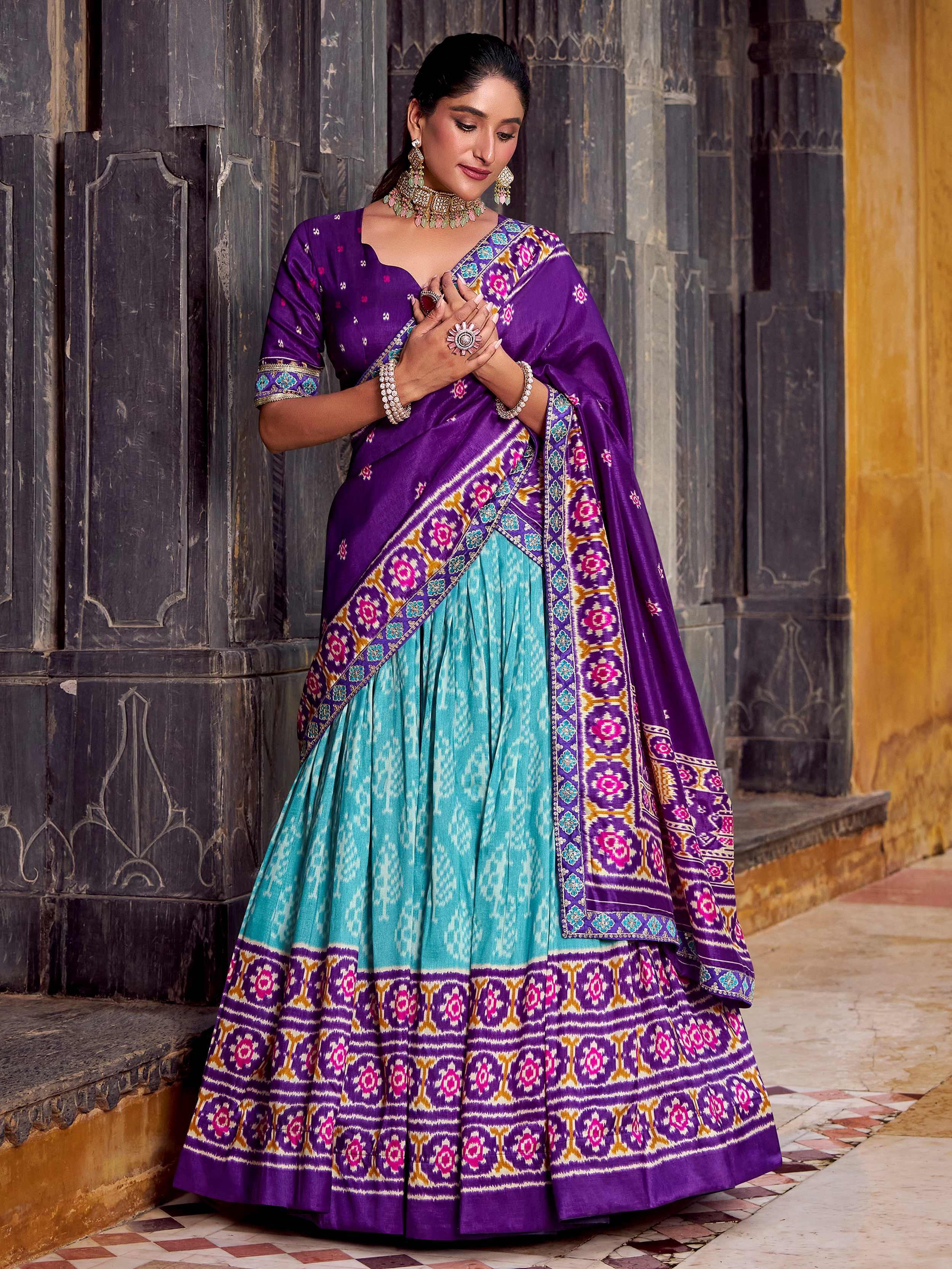 Sky Blue Beautiful Light Silk Ikkat Printed Lehenga Choli With Dupatta