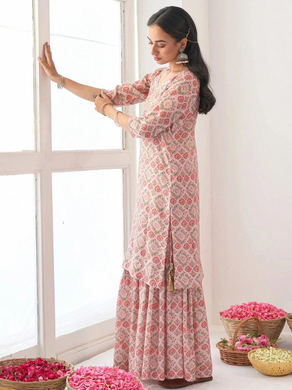 Excellent Pink Digital Printed Muslin Festival Wear Sharara Suit