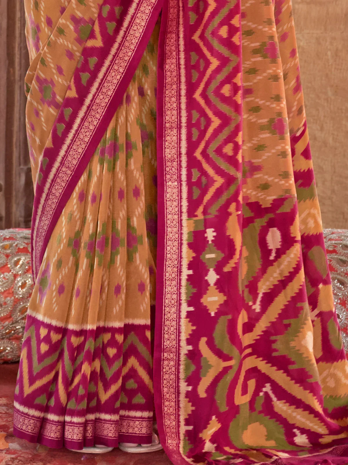 Beautiful Mustard Yellow Patola Printed Georgette Saree With Blouse