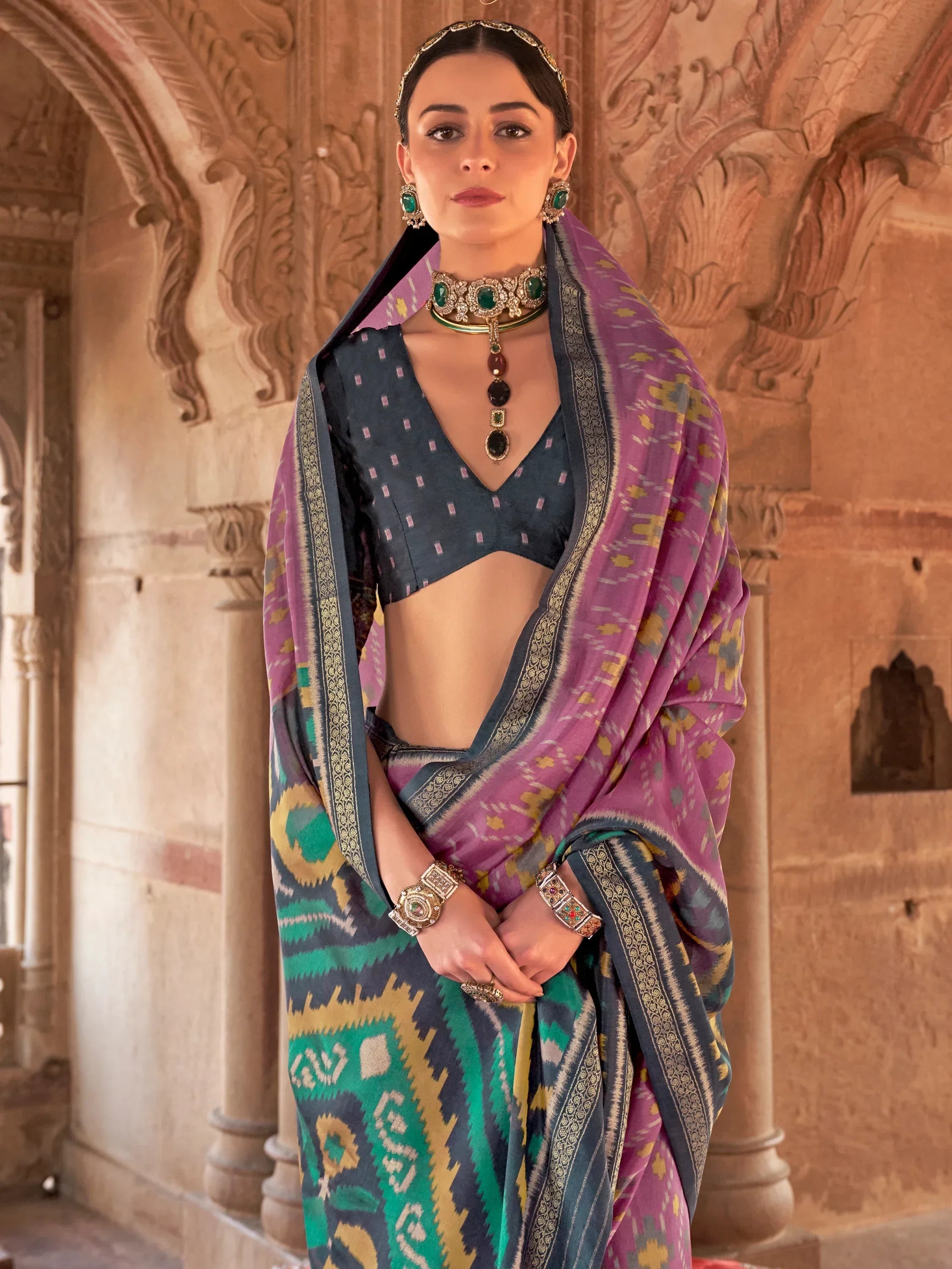 Stunning Light Purple Patola Printed Georgette Event Wear Saree