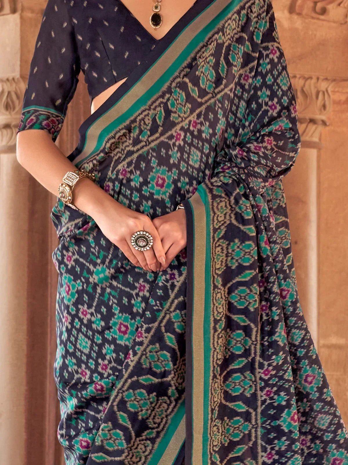 Alluring Navy Blue Patola Printed Georgette Event Wear Saree