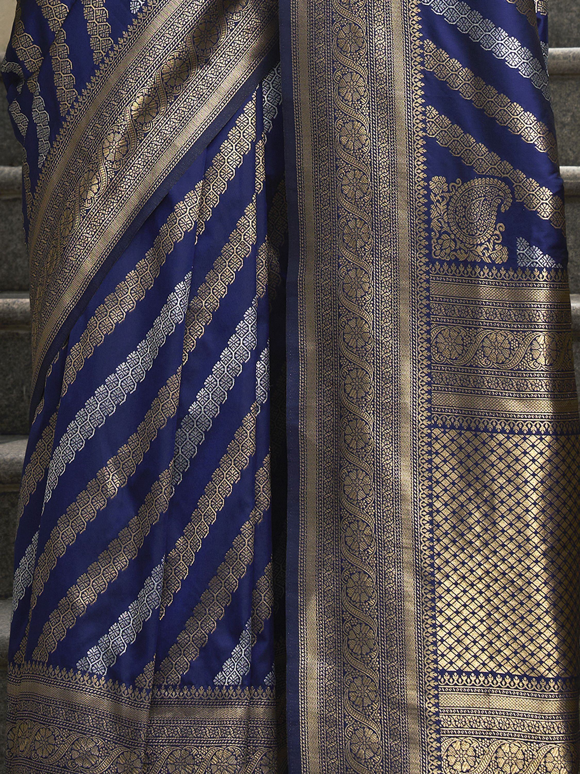 Fascinating Navy Blue Zari Weaving Silk Wedding Saree With Blouse