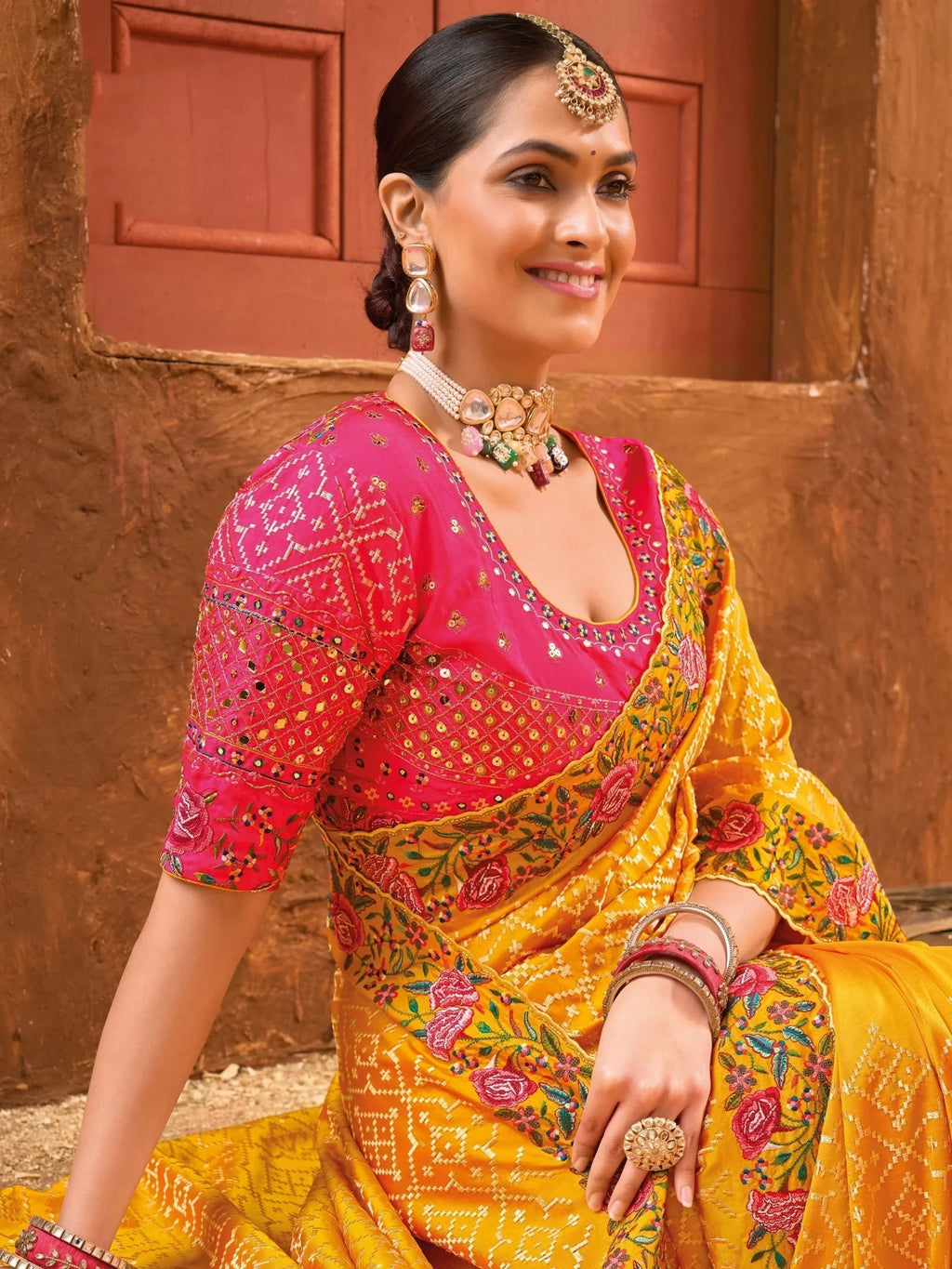 Gorgeous Mustard Yellow Mirror Work Banarasi Silk Haldi Wear Saree