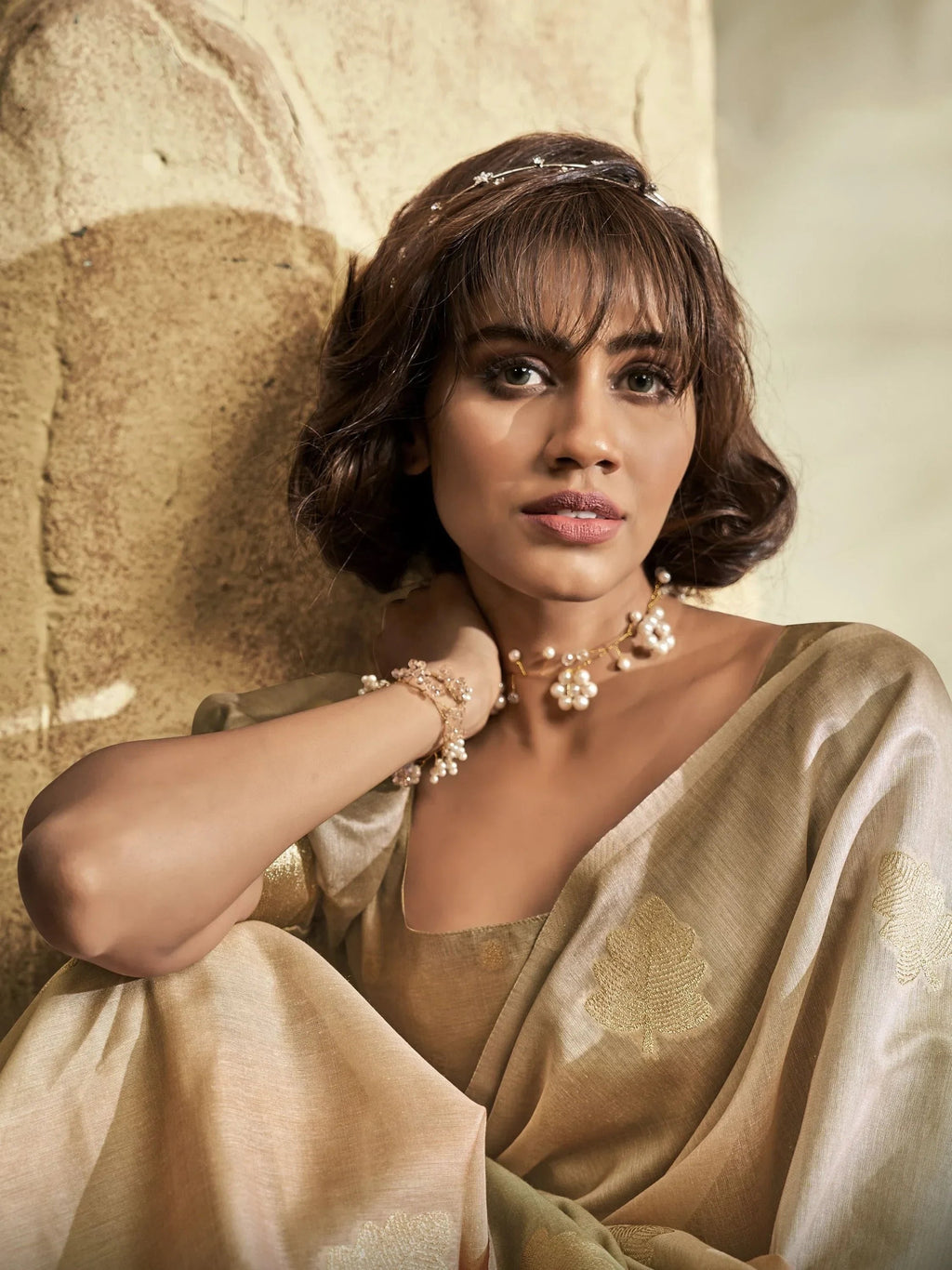 Beautiful Light Brown Thread work Silk Traditional Saree With Blouse