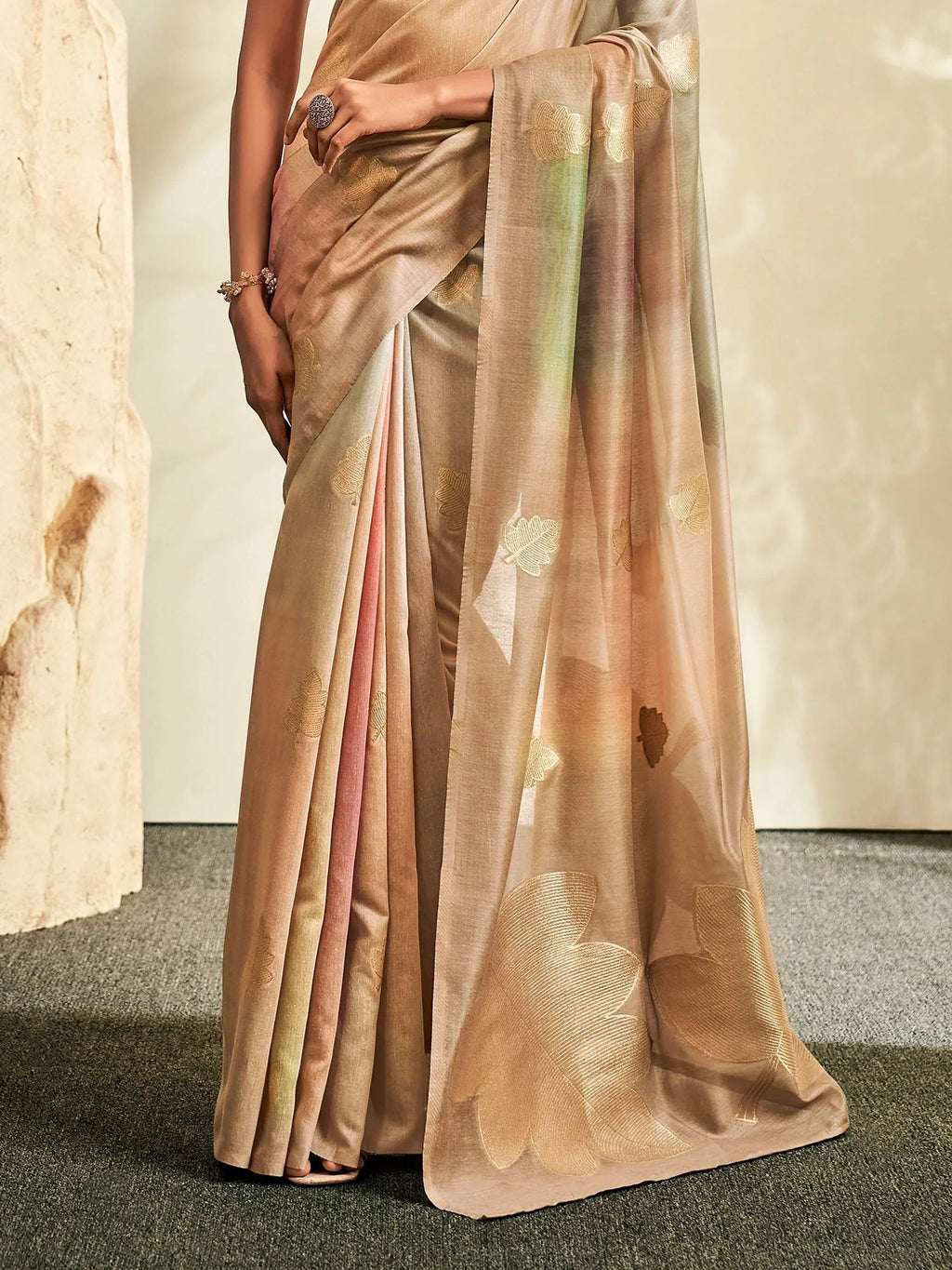 Beautiful Light Brown Thread work Silk Traditional Saree With Blouse