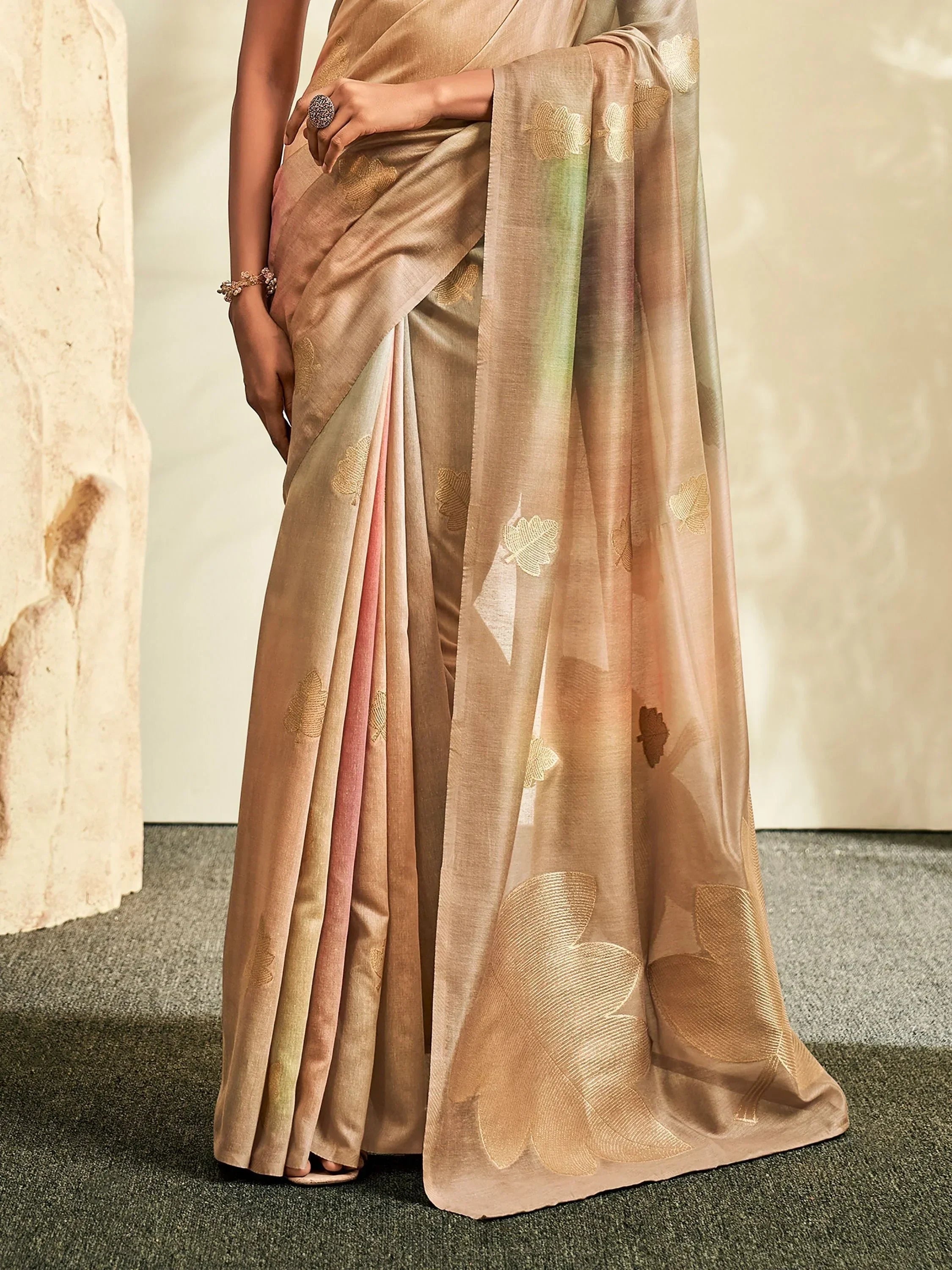 Beautiful Light Brown Thread work Silk Traditional Saree With Blouse