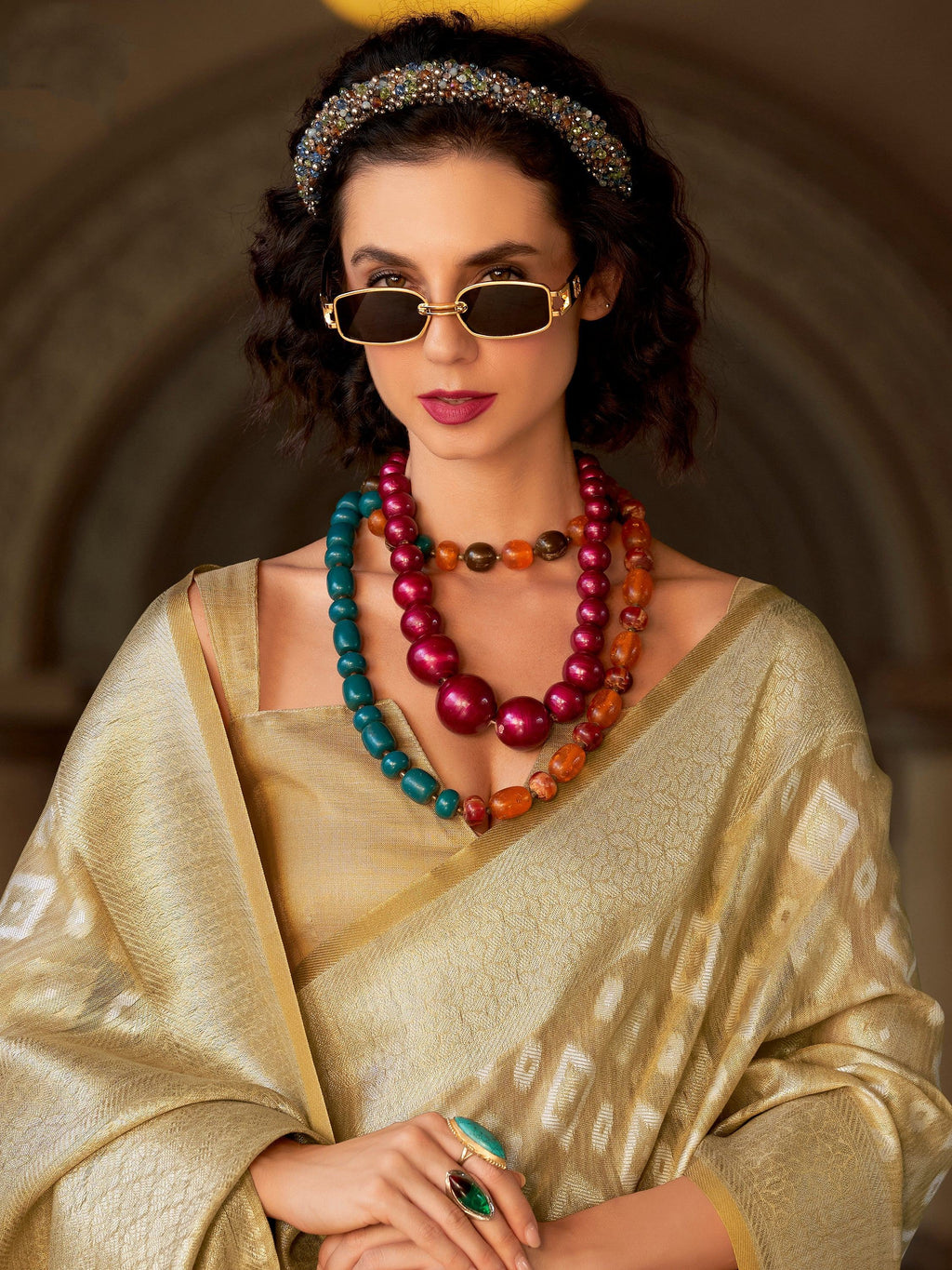 Alluring Beige Zari Weaving Silk Casual Wear Saree With Blouse