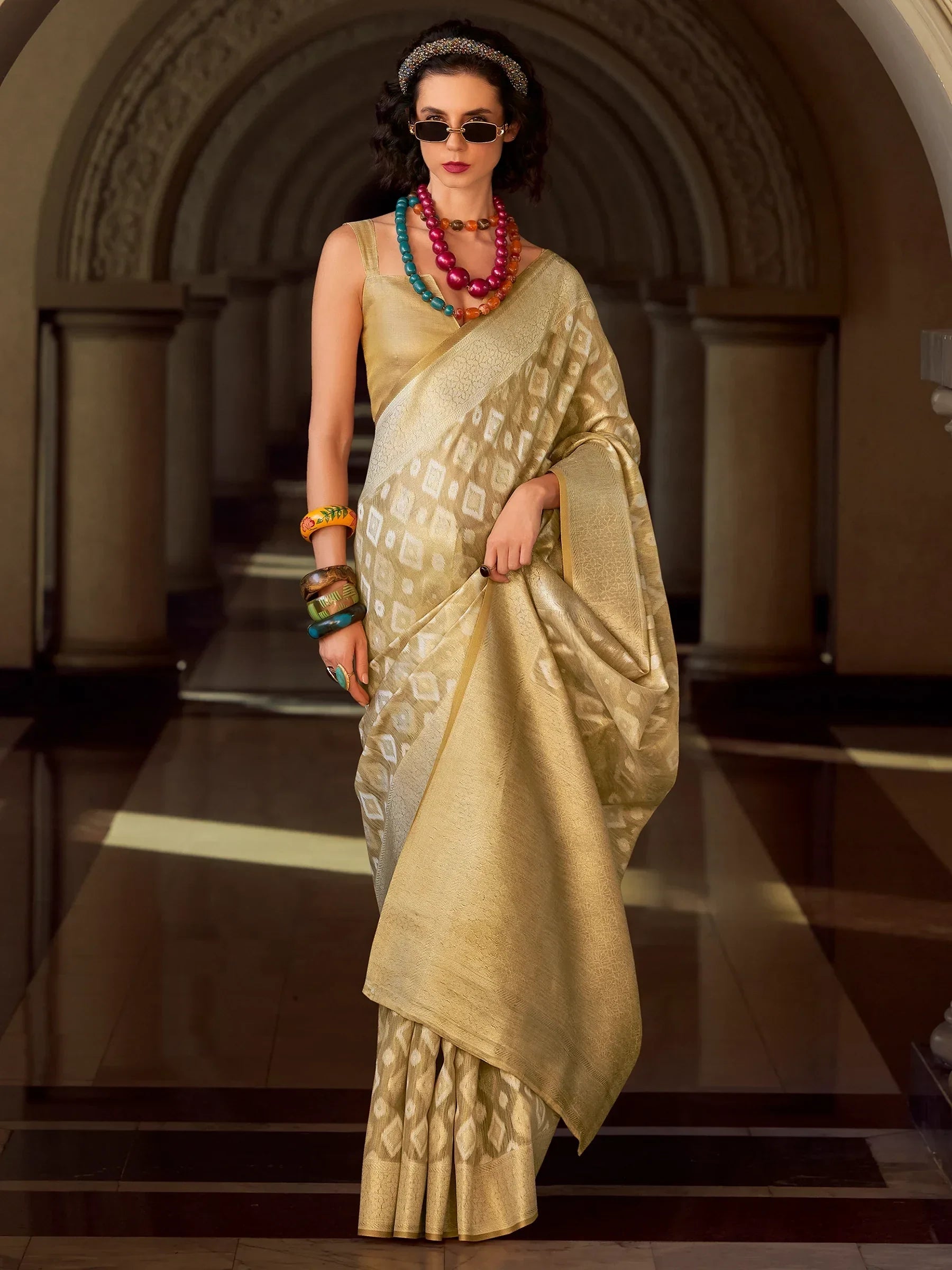 Alluring Beige Zari Weaving Silk Casual Wear Saree With Blouse