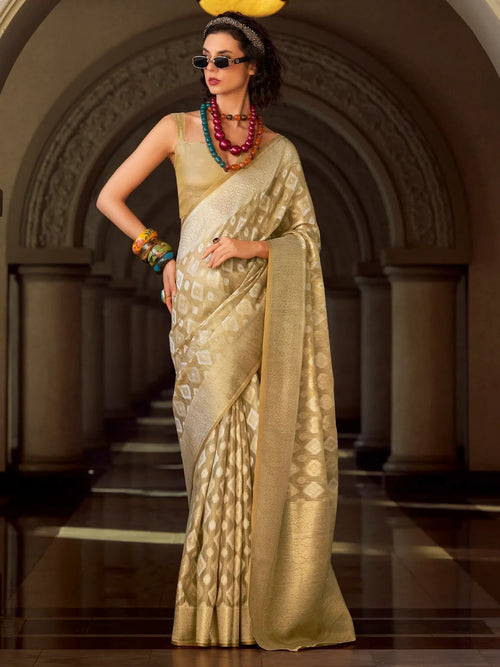 Alluring Beige Zari Weaving Silk Casual Wear Saree With Blouse