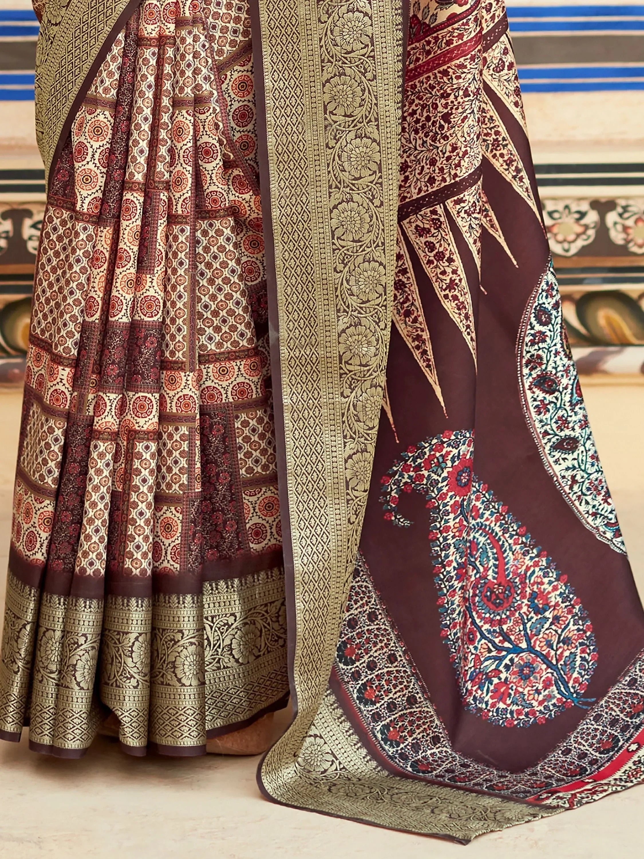 Gorgeous Brown Digital Printed Silk Function Wear Saree With Blouse