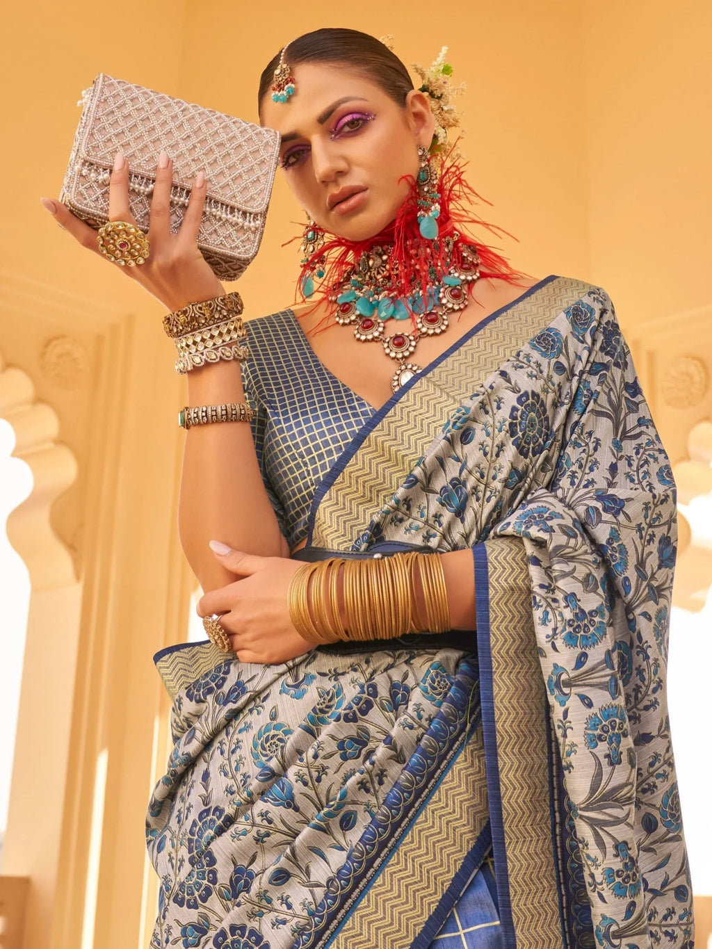 Fascinating Grey & Blue Floral Printed Silk Function Wear Saree