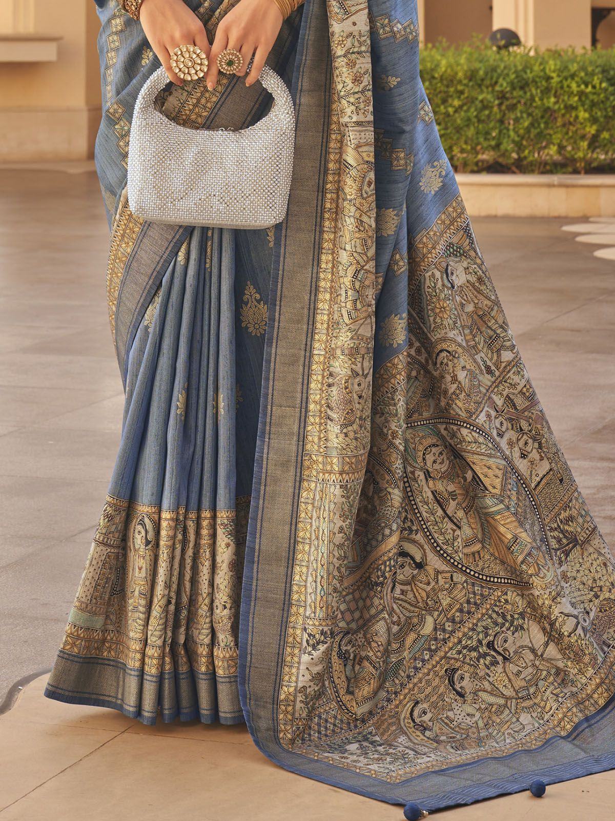 Attractive Dusty Blue Printed Silk Traditional Saree With Blouse