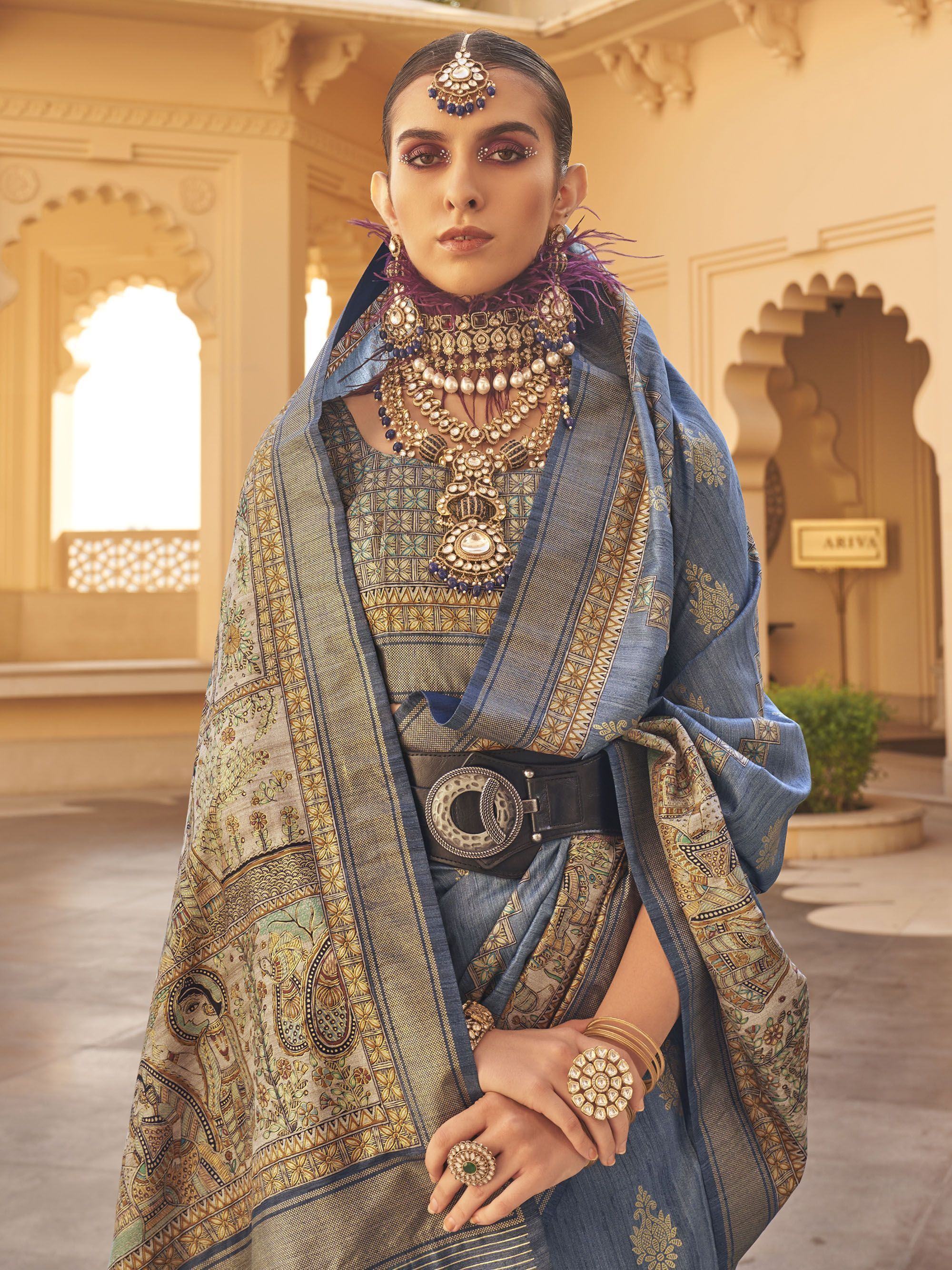 Attractive Dusty Blue Printed Silk Traditional Saree With Blouse
