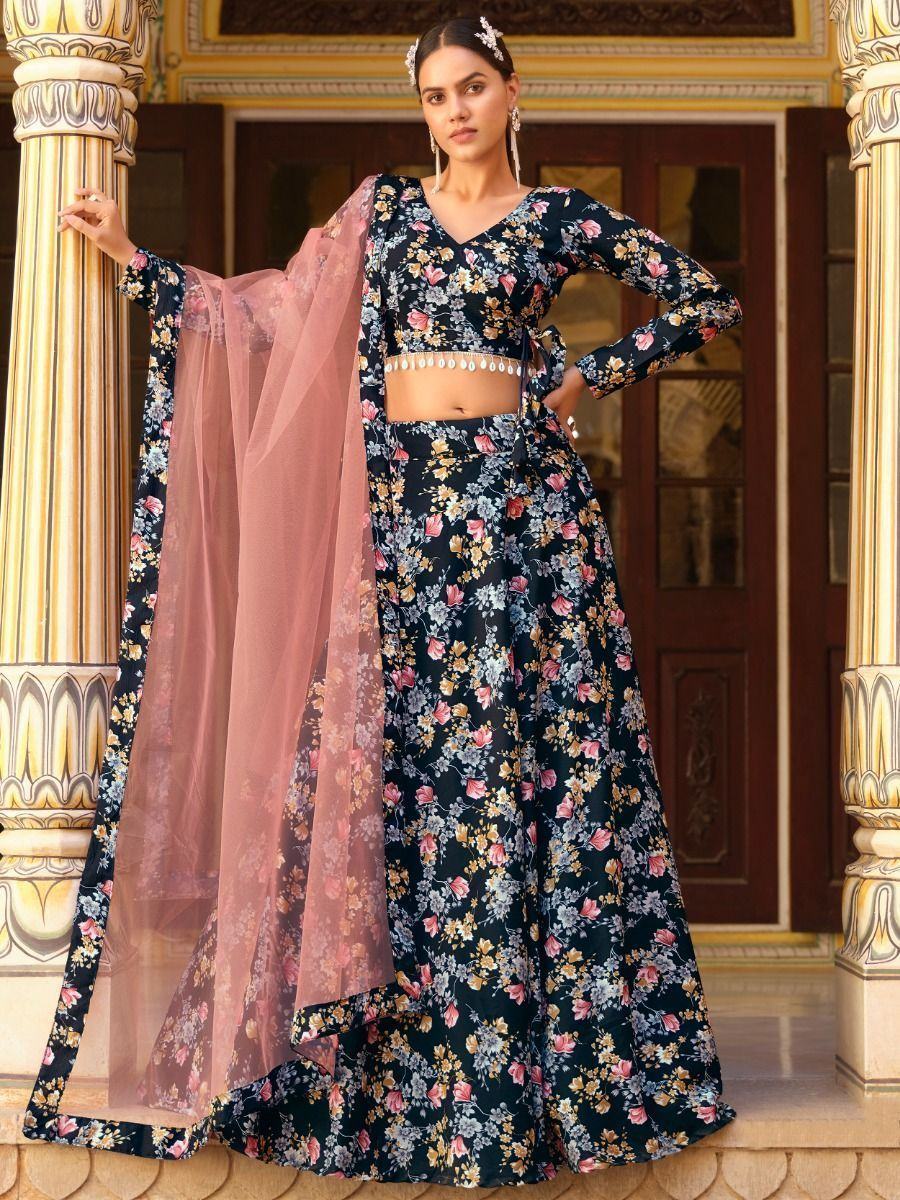 Astonishing Black Floral Printed Silk Function Wear Lehenga Choli
