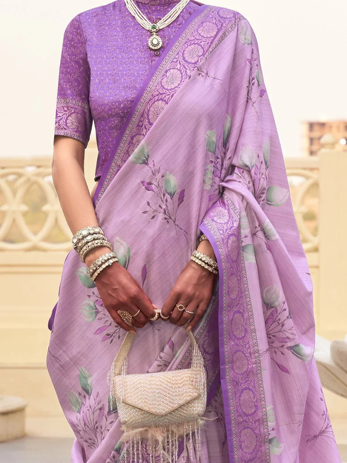 Charming Lavender Printed Silk Wedding Wear Saree With Blouse