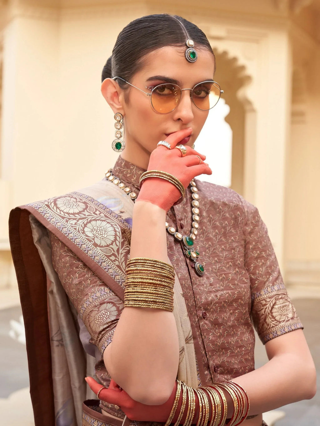 Enchanting Beige Digital Printed Silk Function Wear Saree With Blouse