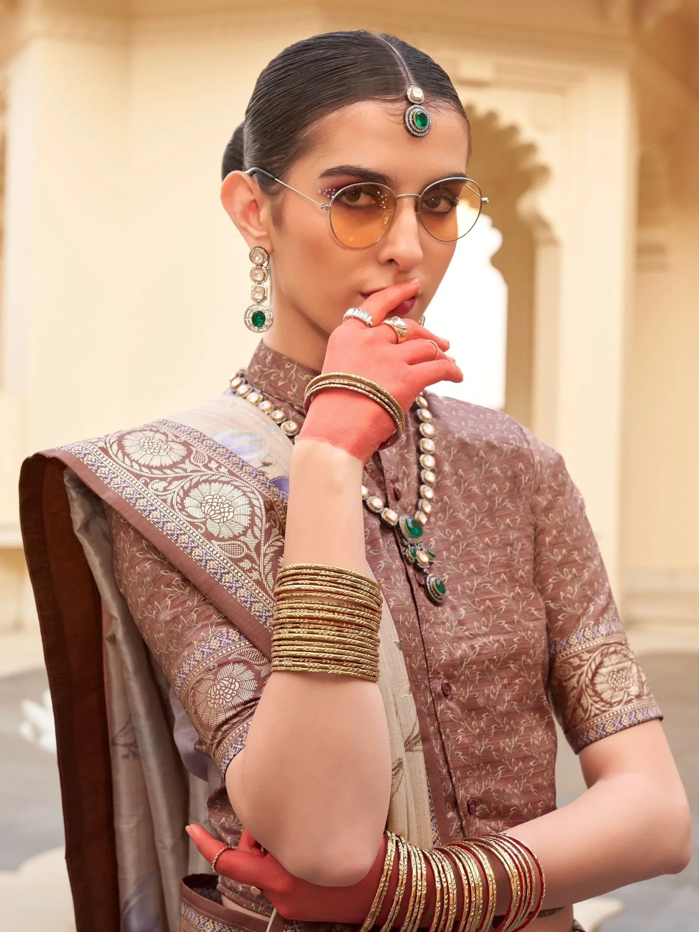 Enchanting Beige Digital Printed Silk Function Wear Saree With Blouse