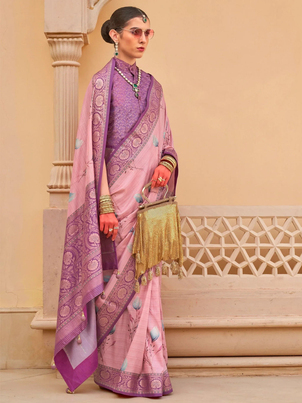 Attractive Purple Printed Silk Wedding Wear Saree With Blouse