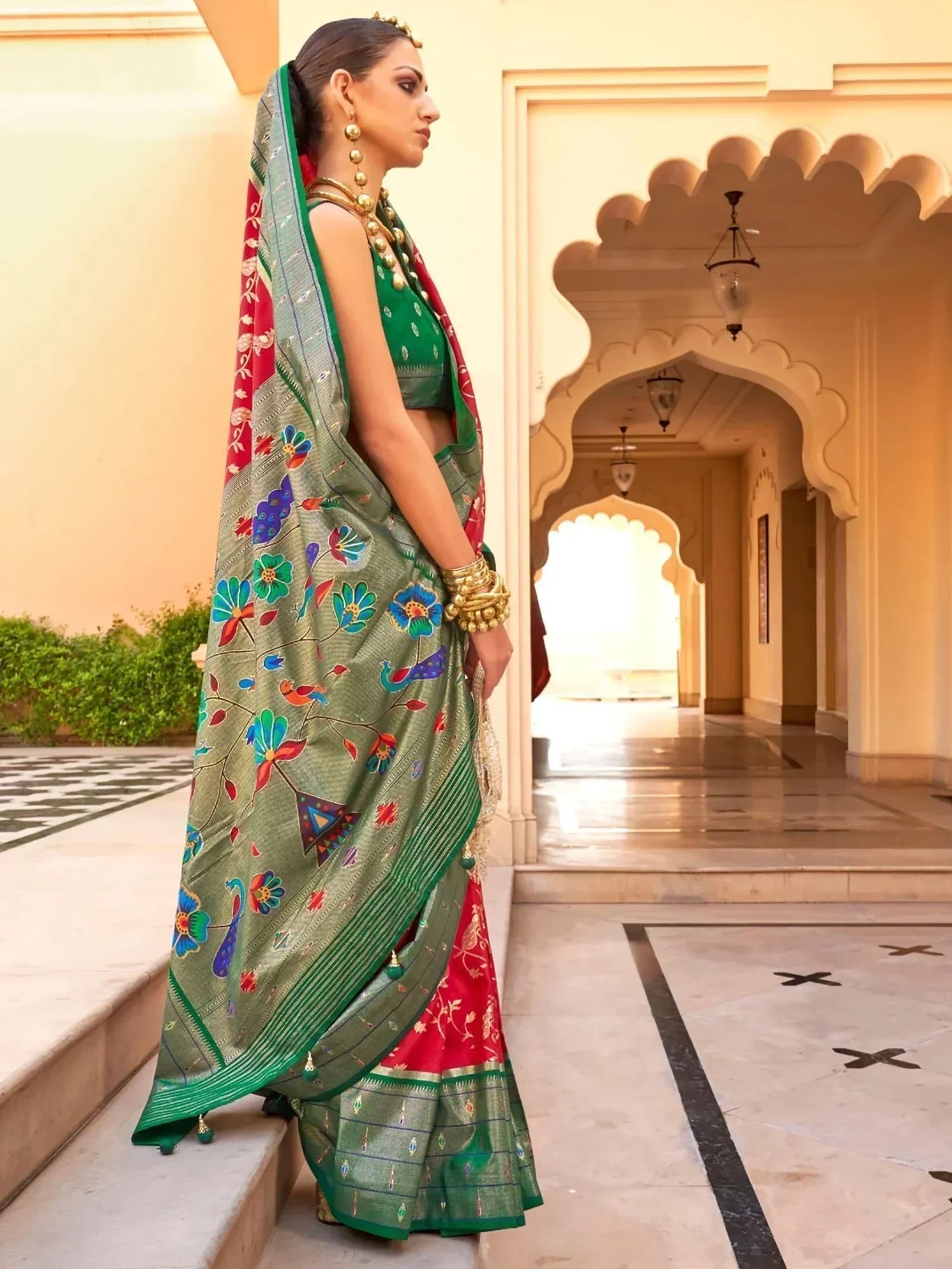 Majestic Red Foil Printed Silk Wedding Wear Saree With Blouse