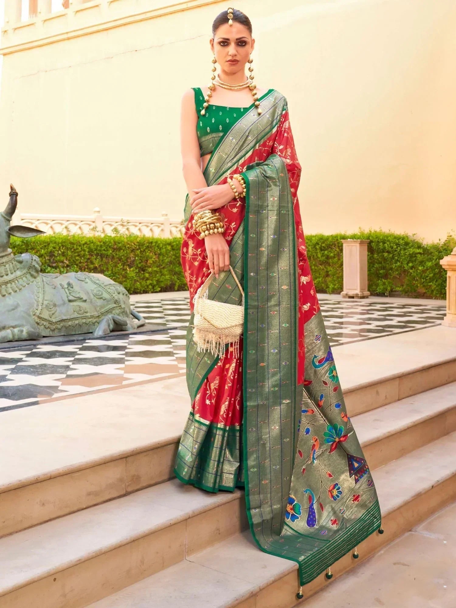 Majestic Red Foil Printed Silk Wedding Wear Saree With Blouse