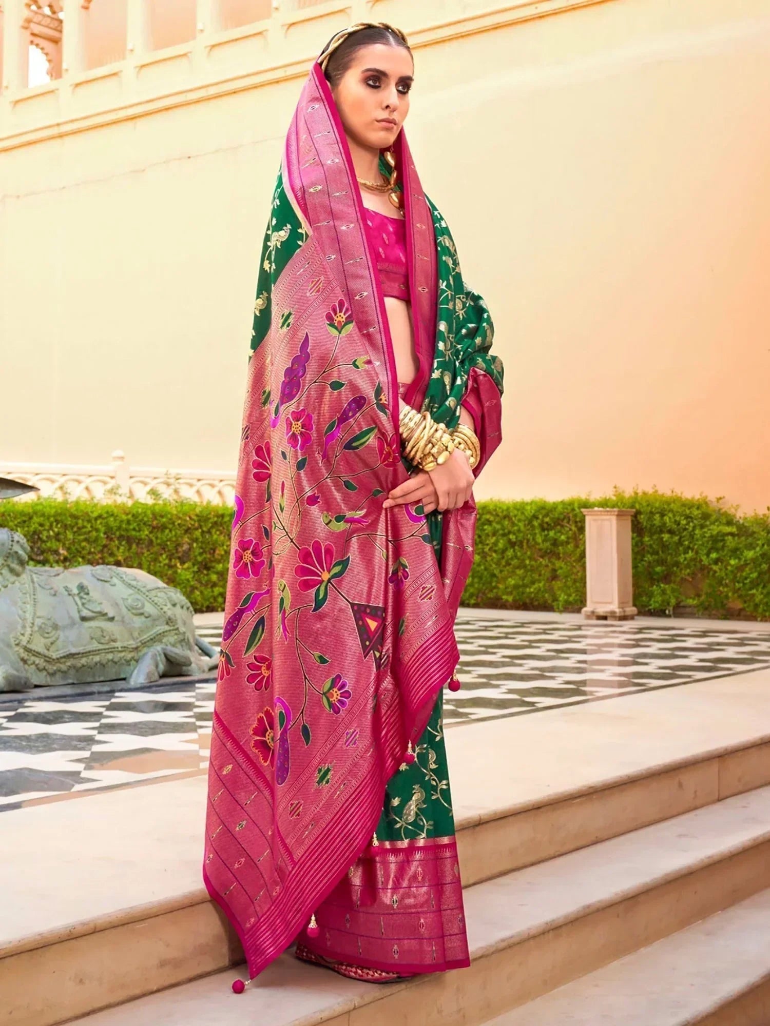 Fabulous Green Digital Printed Silk Mehendi Wear Saree With Blouse