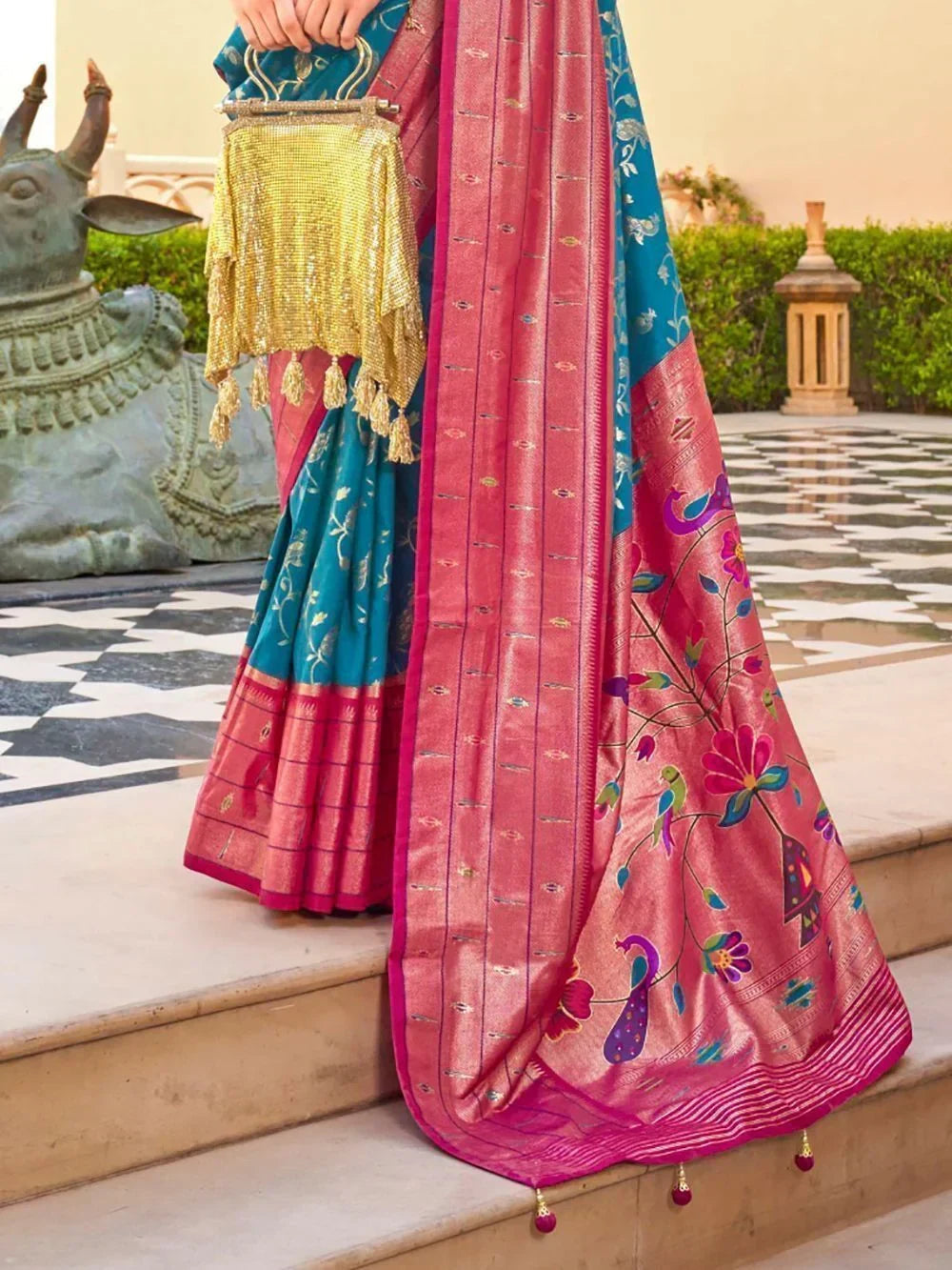 Awesome Blue Foil Printed Silk Festival Wear Saree With Blouse